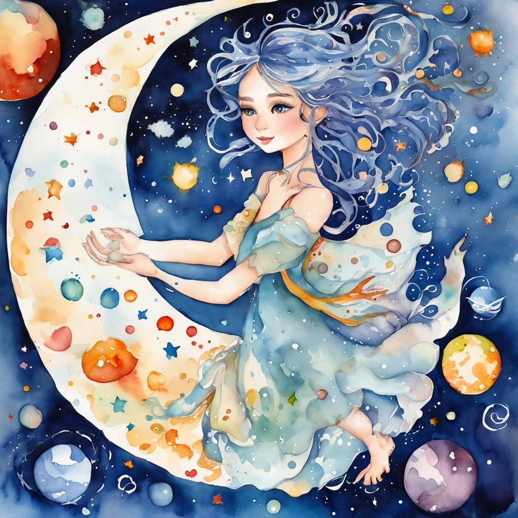 (masterpiece, best quality:1.2), (super detailed),(illustration), wallpaper, original, 1girl, wavy silver-blue hair, seashell strap, navy blue dress, bare feet , bare hands, space, Earth background, near-earth orbit, whole body, (surrounded by colorful streaks and dots), colorful bubbles, (shine)