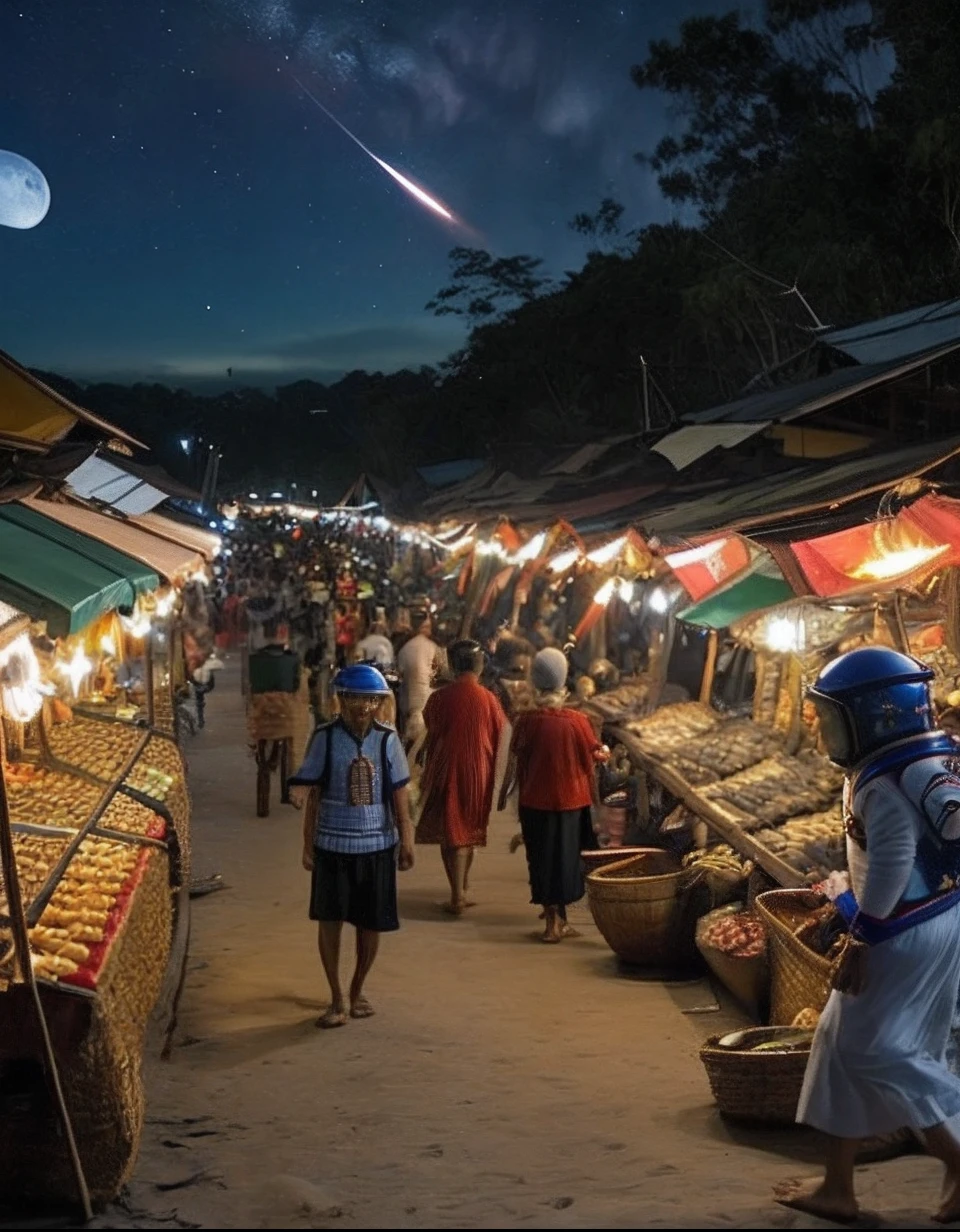 Indonesians people at the tradisional market, roll out shanties, ((peoples wearing astronout helmet)),in front is Indian rocket landing on the moon, at night,