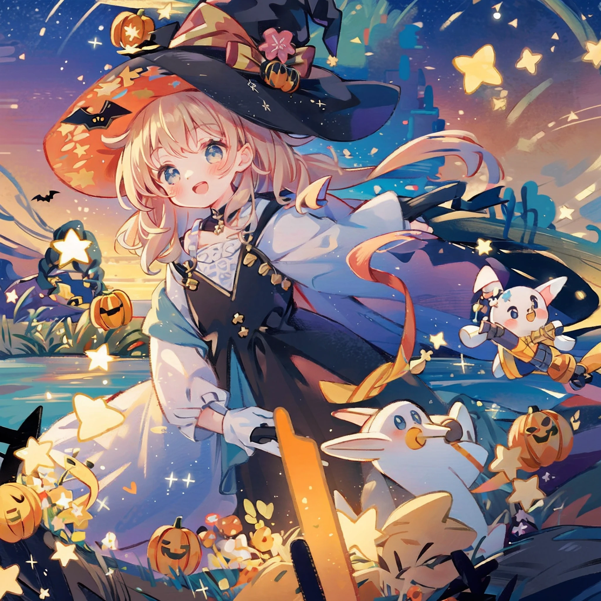 ((masterpiece:1.2, best quality)), 1girl, solo, (witch hat), a close up of a girl with curly hair, dress, aurora, night, star (sky), gloves, sky, dress, night sky, open mouth, starry sky, light blue eyes, ribbons, smile, cape, colorful hair, magic, casting spell, night, (impressionism:1.4), alphonse mucha, Halloween colors, colorful candy, magical lights, pumpkins, candies