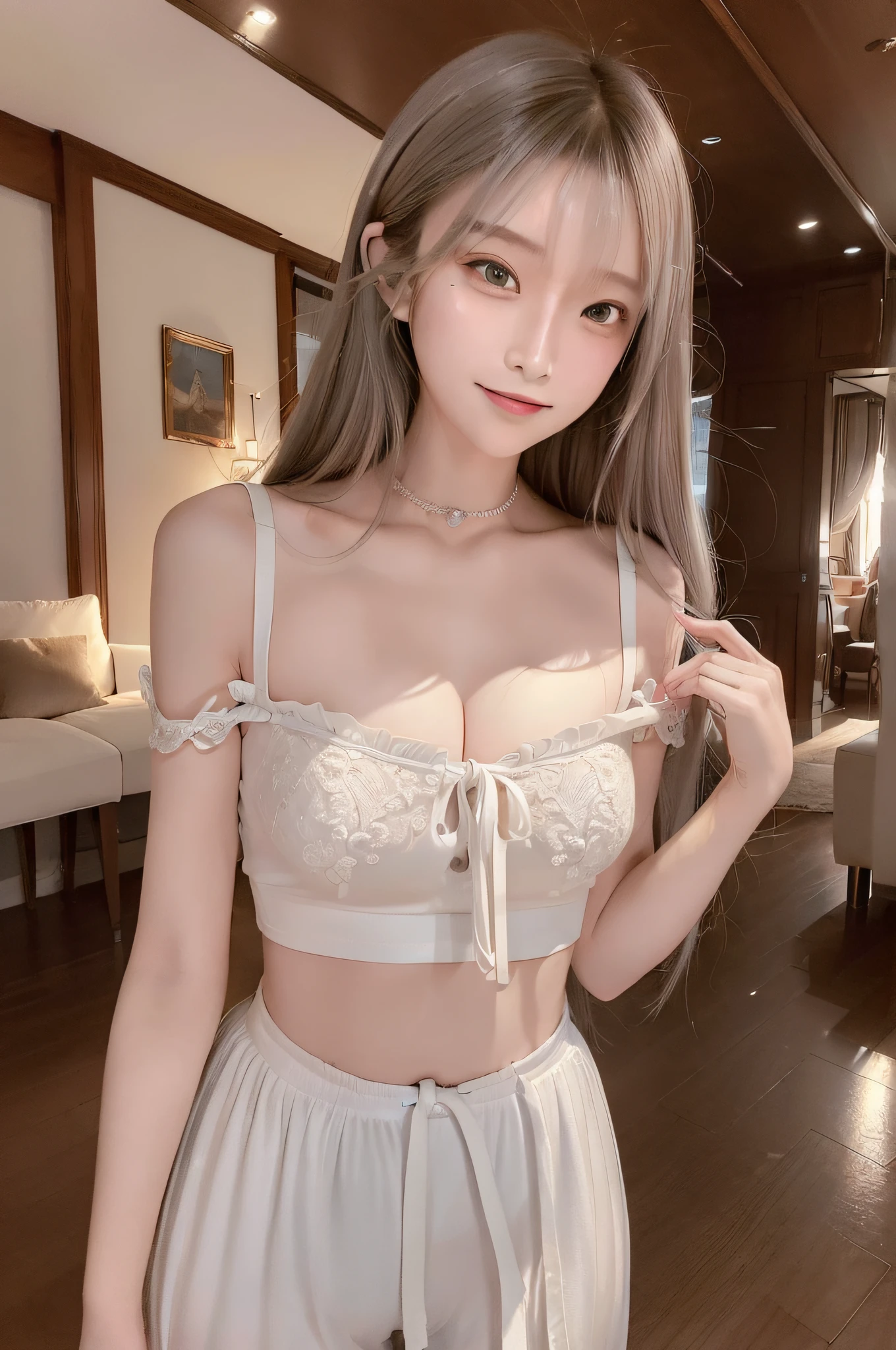 (top-quality、tmasterpiece:1.5)、(photoreali、intricately details:1.2)、超A high resolution、absurderes、 1girl in、22-year-old girl、brunette color hair、bow ribbon、Facial light、blush of nose、cleavage、 Off-the-shoulder T-shirt、grey short skirt、 A smile、Small dimples、 Slim waist、delicate leg、long leges、 slender body,,Sexy pants、shiny skin、Authentic skin texture、 Natural soft light、The best lighting、细致背景、foco nítido、Depth of field f / 2、 Saturated、hight contrast、Strong light and shadow