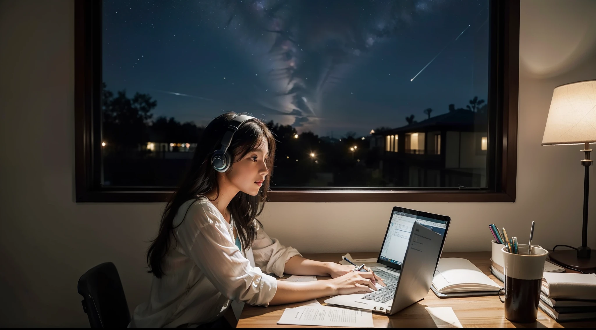 Por favor, Create a realistic image of a young woman sitting at her desk in her bedroom at night. She's wearing big headphones and is focused on her open laptop, que ilumina seu rosto com um brilho suave. livros, Notebooks and pens are scattered around the table, suggesting she's studying. The atmosphere is cozy, with a lamp access table and maybe some plants or personal decorations around. The window in the background shows a starry night sky. A mulher parece determinada, talvez cansada, mas ainda totalmente imersa em seu trabalho.