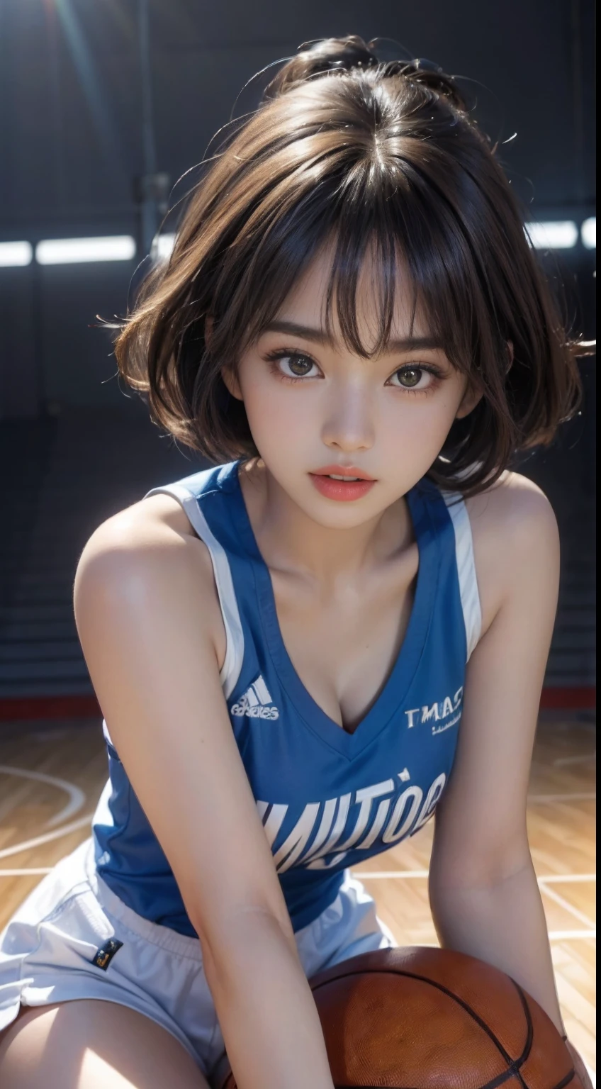 (RAW photos,4K,tmasterpiece,A high resolution,extremly intricate)(realisticlying:1.4),Cinematic lighting Delicate girl with facial features
1 Girl, Single focus, Full body like,Summer noon, Playing the Basketball,Play basketball pose,thermography, 1990's\(styled\),White skin,(Bigchest,cleavage), (Best quality), (A high resolution), (An extremely delicate and beautiful),,(Beautiful 8k face),(Brown eyes),(Ulzzang-6500:1.0),(Large breasts),(NBA),(Basketball sportswear),((Play basketball)),((gymnasium)),((Speed)),(reality),(jiayi:1.5), closeup cleavage, tmasterpiece, best qualtiy, RAW photogr, realisticlying, the face, Incredibly Ridiculous res, beuaty girl, adolable, short detailed hair, depth of fields, A high resolution, ultra - detailed, finedetail, The is very detailed, Extremely detailed eyes and face, Sharp pupils, realistic pupil, tack sharp focus, cinmatic lighting