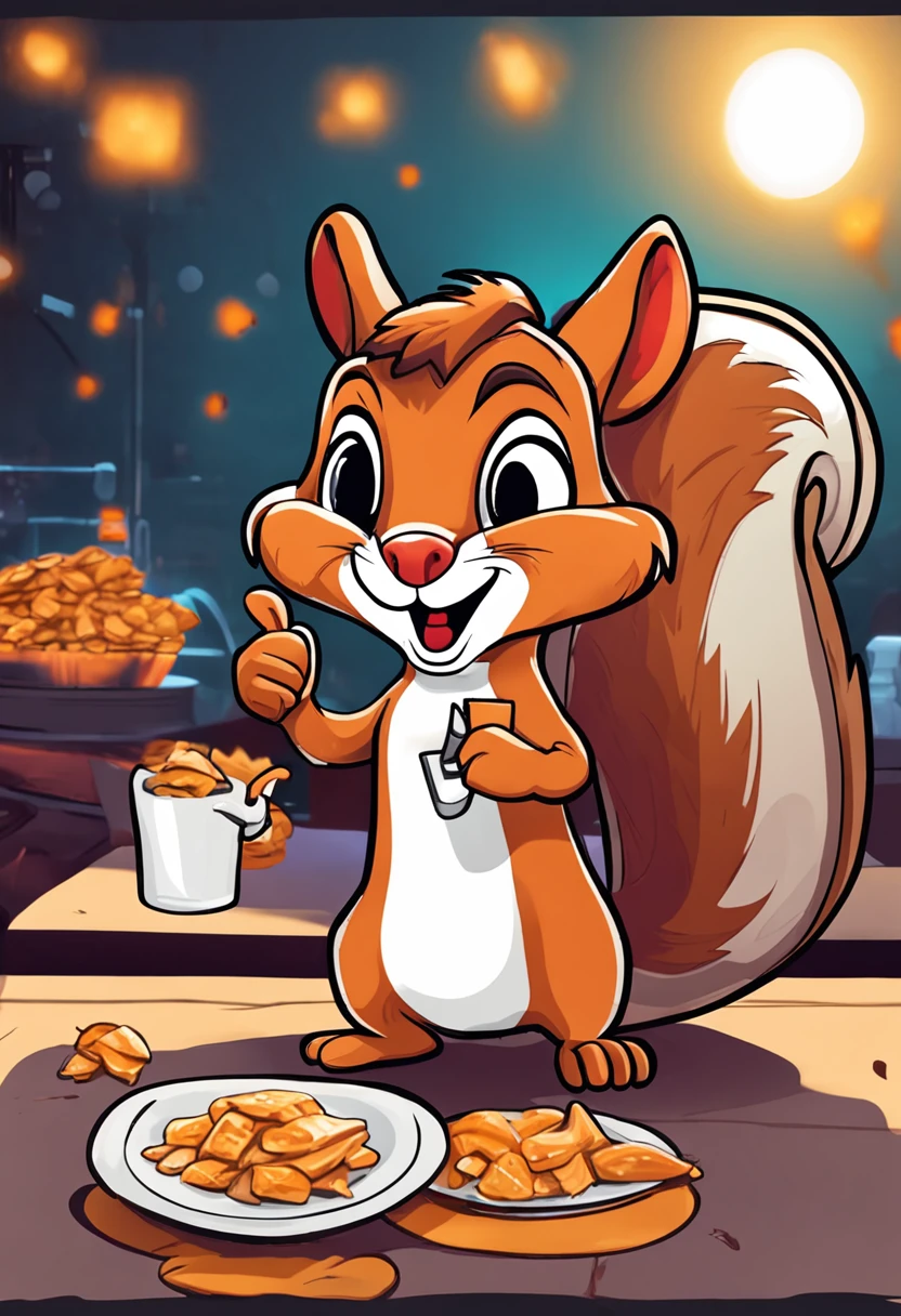 Cartoon squirrel holding plate gives thumbs up, 1024x1024, com mascot, mascot illustrations, Cute cartoon character, high school mascot,Wear clothes