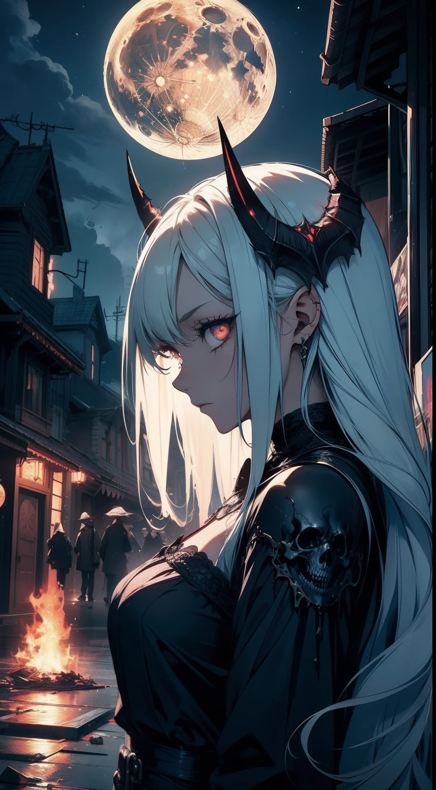 horror, scary, ghost, masterpiece, best quality, demon, night, detailed, street,moon, magic, sata, fallen,destruction, death, apocalypse, end of the world, broken, glass, fire, spectral, intricate, detailed