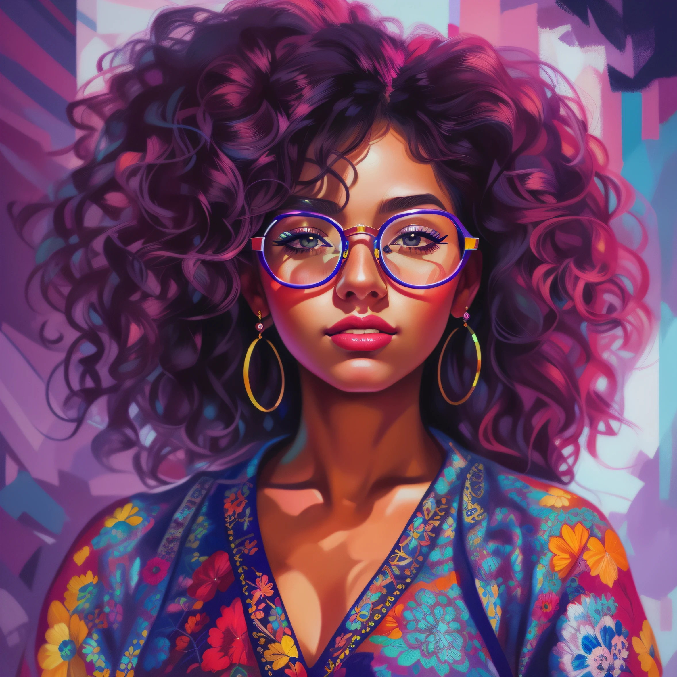 A closeup of a woman with glasses and a colorful dress, retrato de alta qualidade, in illustration style digital, Epic portrait illustration, stunning digital illustration, Beautiful digital illustration, retrato bonito detalhado, estilo de arte impressionante, bela arte digital, trending on artstration, retrato colorido detalhado, pintura realista da menina bonito, exquisite digital illustration, digital illustration portrait, retrato altamente detalhado