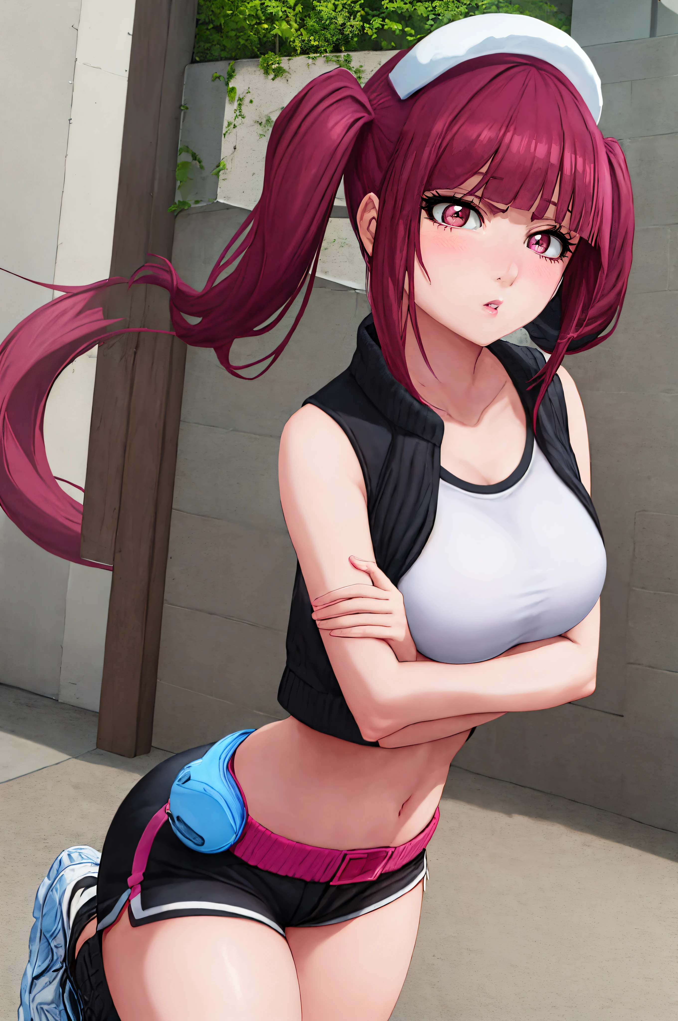 "Portrait of Riruka in her 20s, outside in a quiet town street, showcasing a moderate bust and soft rosy cheeks, wearing a sports bra and booty shorts, while sporting a demure expression and stylish Twin tails.". Her expression is full of anger."