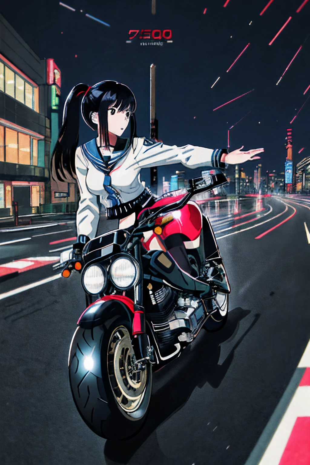 masterpiece, best quality, 1girl, solo, jacket, hand in pocket, school uniform, serafuku, thighhighs, school bag, black hair, black eyes, cyberpunk, street, machinery, motor vehicle, motorcycle, panorama, helmet, speed line, motion blur, depth of field, perspective, panorama, riding, floating hair, night, neon trim