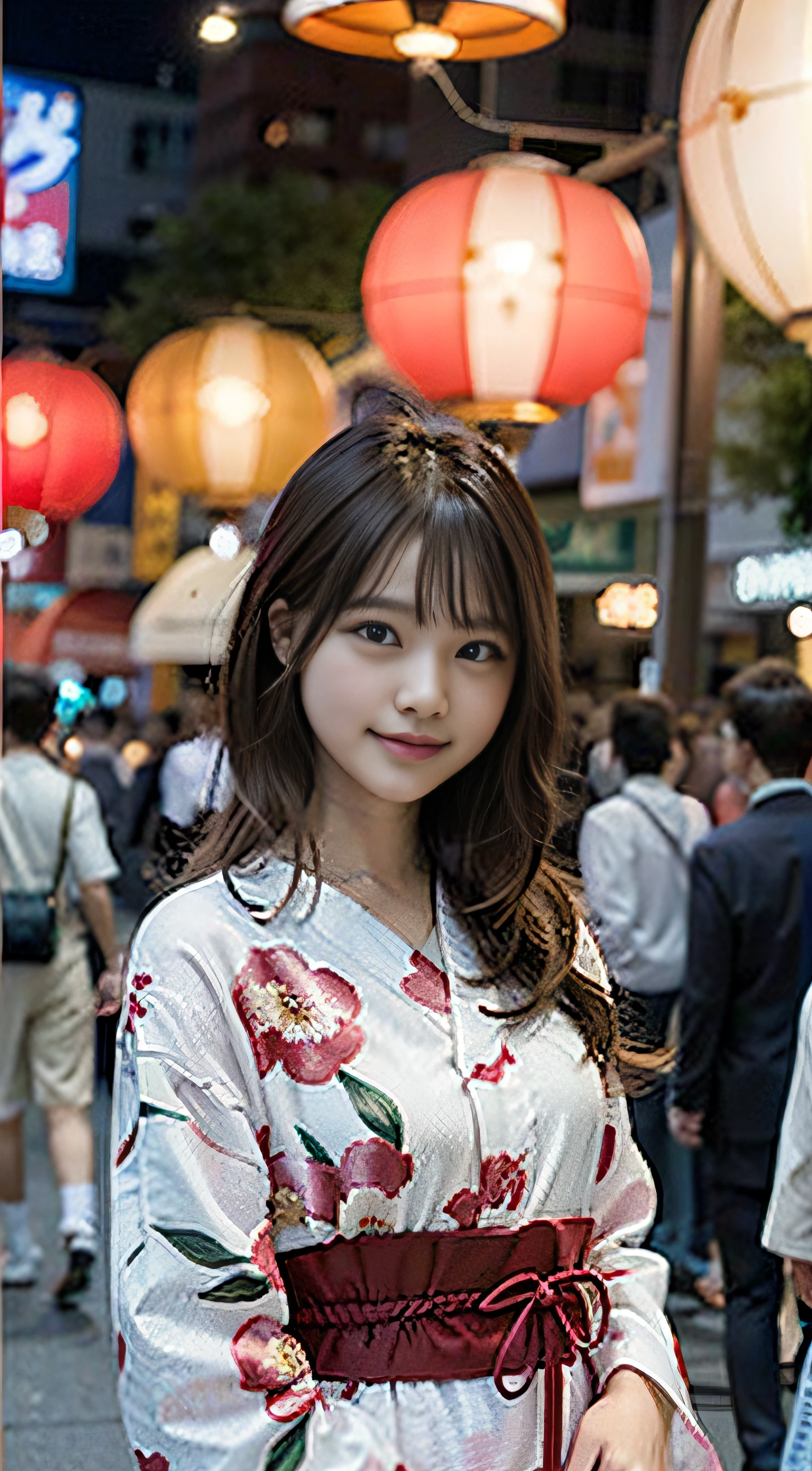 (8K、Raw photography、top-quality、masterpiece:1.2)、(realisitic、Photorealsitic:1.37)、ultra-detailliert、超A high resolution、女の子1人、see the beholder、beautifull detailed face、A smile、Constriction、(Slim waist) :1.3)、The shirt、Beautiful detailed skin、Skin Texture、floated hair、profetional lighting、full body Esbian、Summer Festival Snapshot。Yukata Date。Yukata at the fireworks display。Yukata at the summer festival。Summer yukata。Fireworks Festival。blanche、Yukata with pale pink floral pattern。