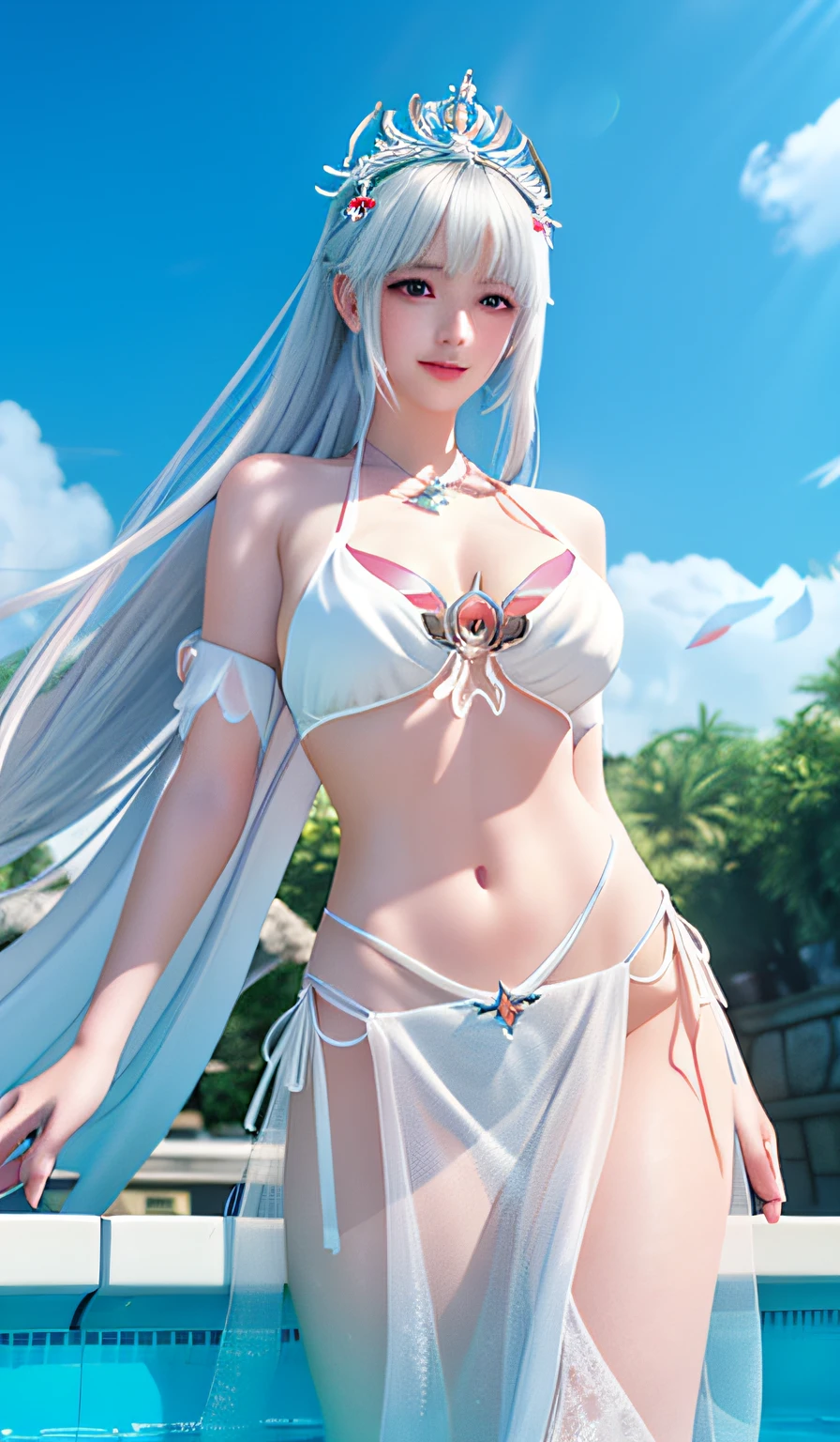 A woman in a white bikini top and a white dress in the pool, Anime goddess, beautiful and seductive anime woman, a beautiful fantasy empress, ((a beautiful fantasy empress)), Beautiful goddess, Guviz, trending on cgstation, seductive anime girls, 8K high quality detailed art, Guviz-style artwork, Beautiful anime woman
