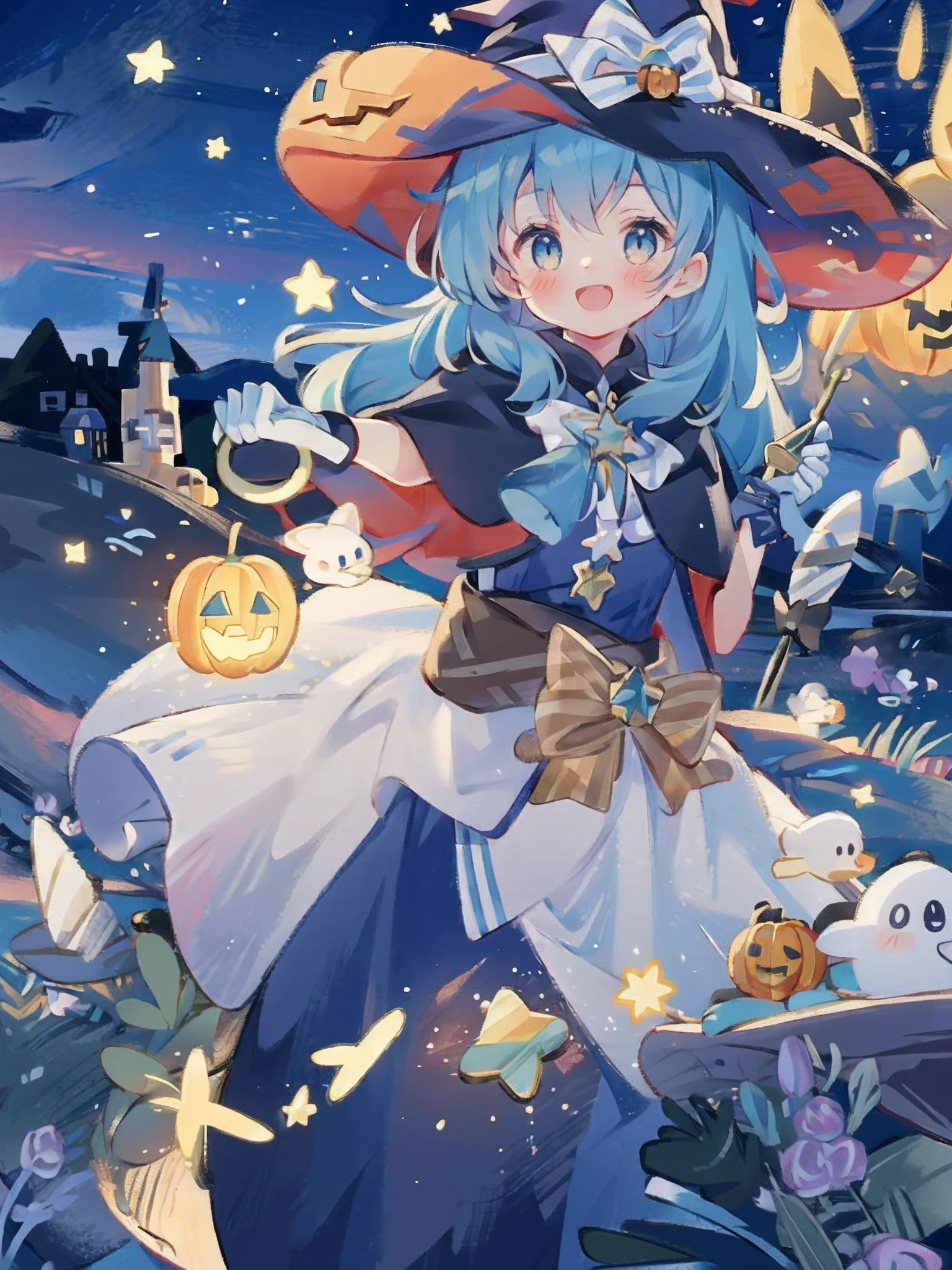 ((masterpiece:1.2, best quality)), 1girl, solo, (witch hat), a close up of a girl with curly hair, dress, aurora, night, star (sky), gloves, sky, dress, night sky, open mouth, starry sky, light blue eyes, ribbons, smile, cape, blue hair, magic, casting spell, night, (impressionism:1.4), alphonse mucha, Halloween colors, colorful candy