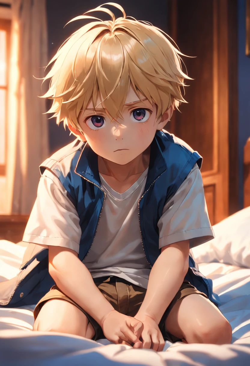 A 6--old in a blond vest lies barefoot on the bed, high high quality, Clear focus (mess - house: 0.8), (tmasterpiece: 1.2) (realisticlying: 1.2) (Bokeh) (best qualityer) (Detailed skins: 1.3) (intricately details) (8K) (eye detailed) (foco nítido), (having fun) (a variety of poses) desenho
