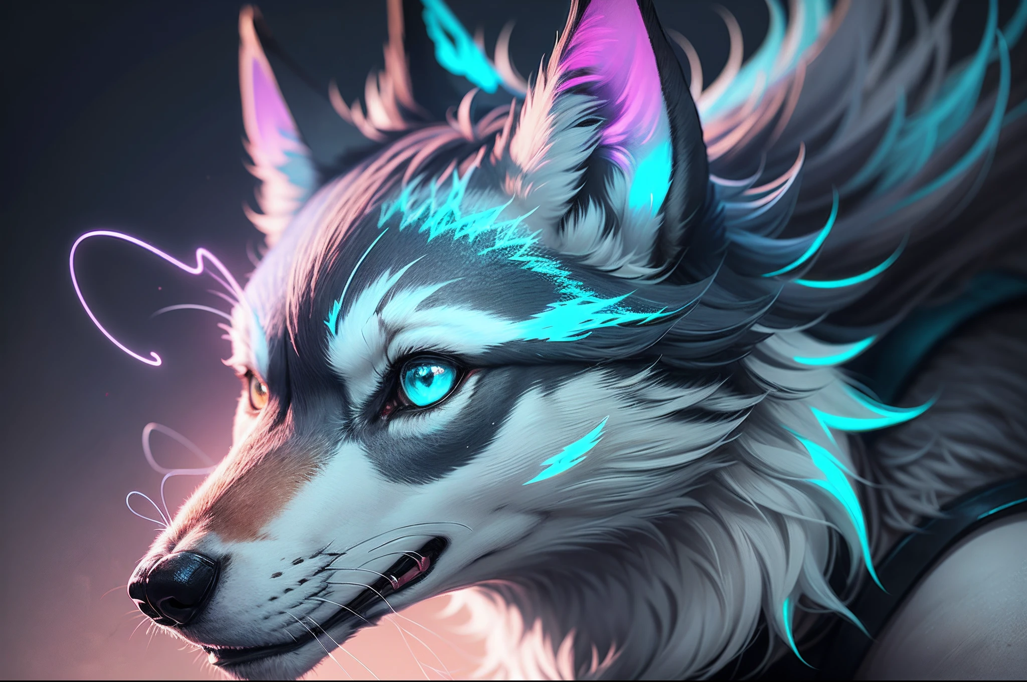 wolf made from mesh turquoise colour neon light outline, embossed effect, highly detailed, ultra sharp resolution --auto --s2