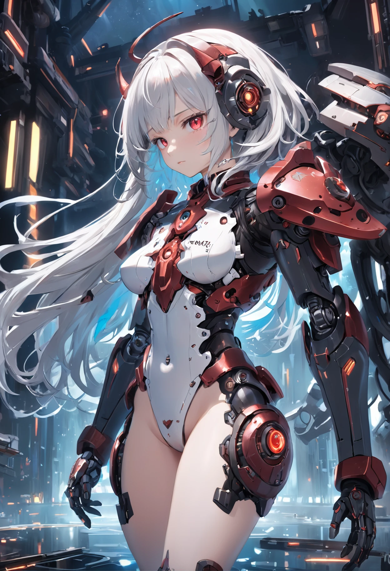 masterpiece,best quality,ultra-detailed,very detailed illustrations,extremely detailed,intricate details,highres,super complex details,extremely detailed 8k cg wallpaper,cowboy shot, caustics,reflection,ray tracing,demontheme,nebula,dark aura,cyber effect, (1girl:1.4),solo,alone,mecha musume,mechanical parts, robot joints,single mechanical arm, headgear, mechanical halo,star halo,intricate mechanical bodysuit, mecha corset, full armor, very long hair,white hair, hair between eyes, multicolored hair, colored inner hair, red eyes,glowing eye,eye trail, random expressions,random action, ancient japanese architecture,pond, starry sky,skyline,