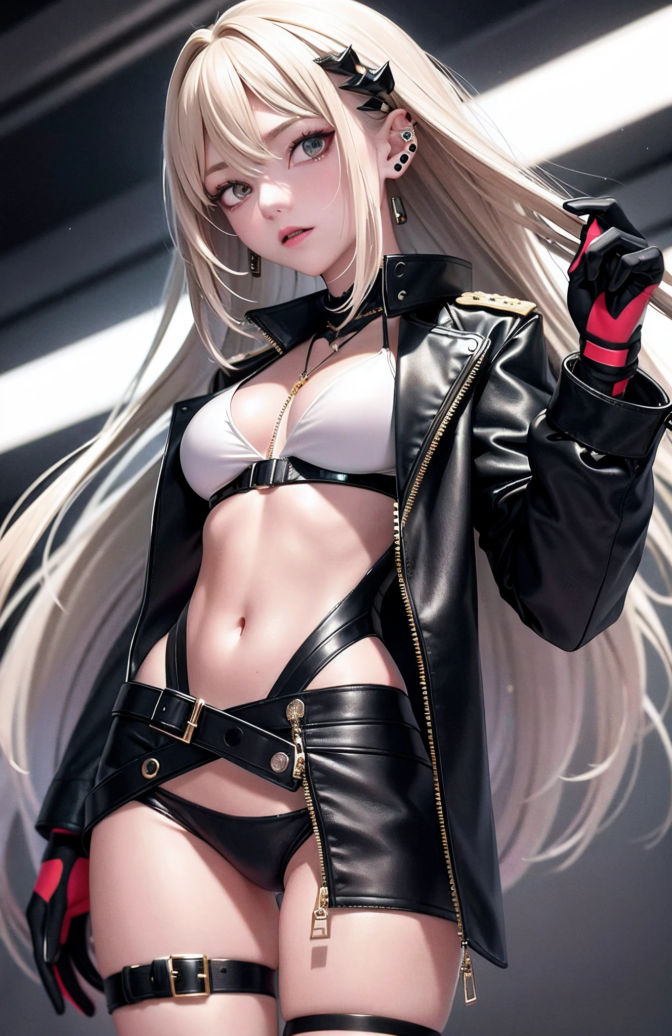 optimum,tmasterpiece,A high resolution,best qualtiy,hyper HD,super detailing,Award-Awarded,16k,独奏,((The upper part of the body)),((Bust)),anatomy correct,Beautiful cyberpunk girl,cute face,,Gradient Beige Hair,Hairline,((Dark golden eyes)),long eyelasher,Hanging eye corners,White skin of the,(small boobs),(Slim body),((Women's extra short shawl leather jacket)),((goth style,Pilot's uniform)),(()),ear studs,(Neck strap),(Laser material clothing:1.2)