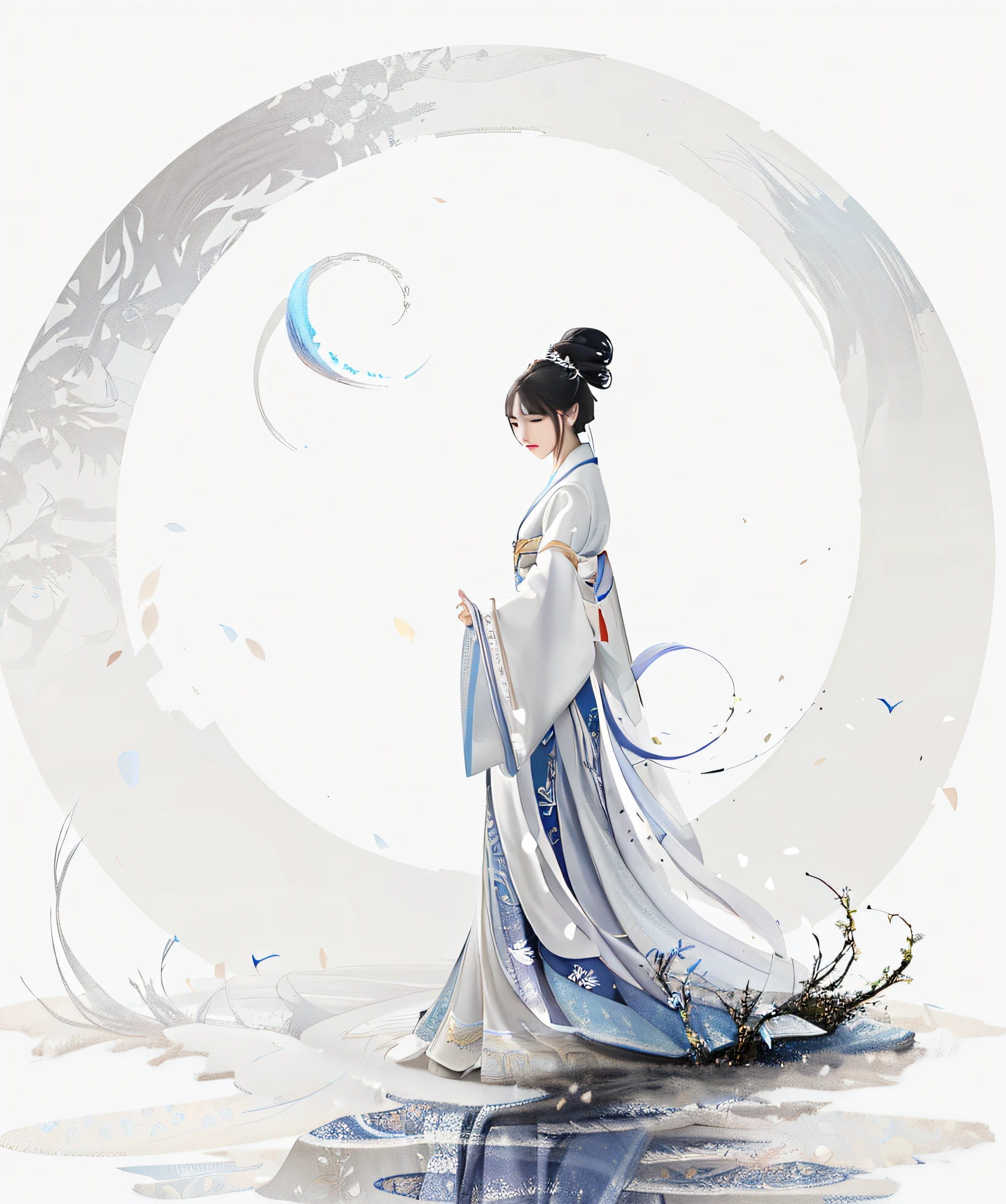 Draw a woman in a white and blue dress walking in a circle, Palace ， A girl in Hanfu, White Hanfu, by Yang J, A beautiful artwork illustration, Beautiful character painting, flowing white robe, author：Zhou Fang, author：Qu Leilei, Hanfu, Inspired by Tang Yifen, Chinese painting style, style of guo hua