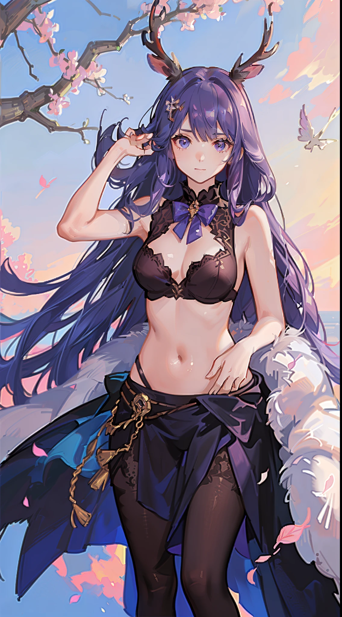 young girl, long purple hair, Cyan eyes, Deer antlers, confusion, Clothes made of leaves, Sleeveless, open belly, Masterpiece, hiquality