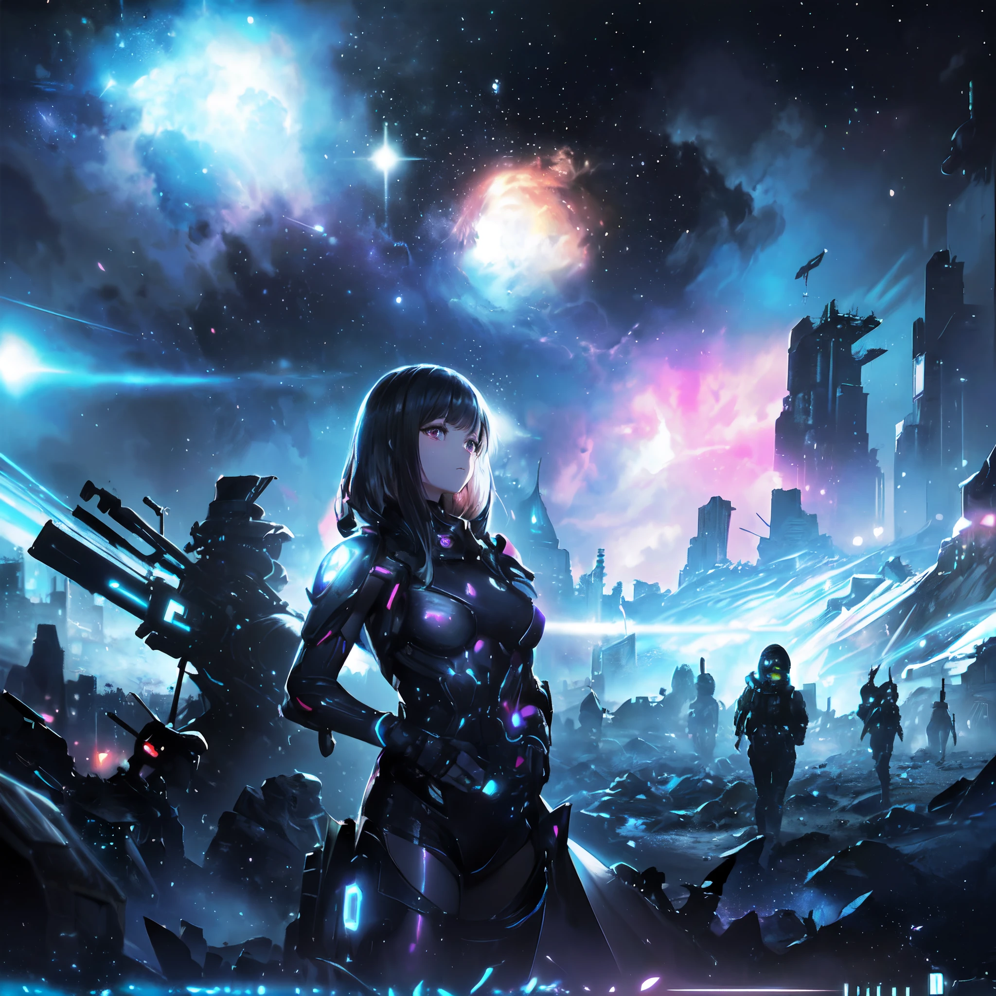 (obra maestra、highest qualityr、highest qualityr、Arte Oficial、ighly detallado、Beautifully aesthetic:1.2)、(1chica en),Cosmic space、cyberpunked、Futuros trajes de combate espacial、((Nebulosas))、Luz delicada、intuitivo、Enfoque preciso、cinema4d、dramatic、