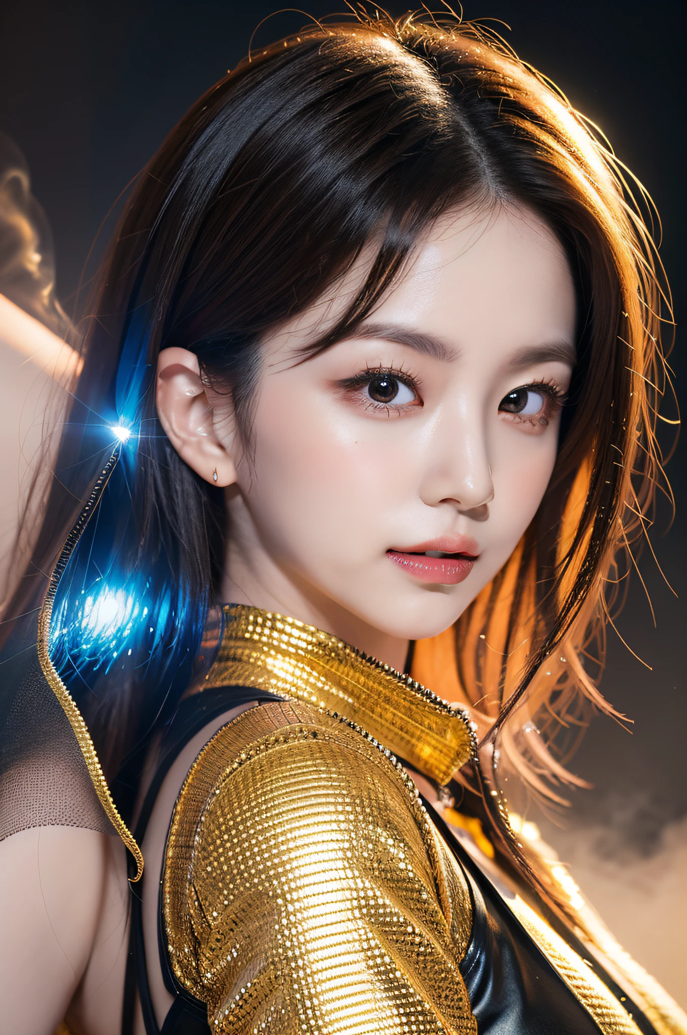 gilded outfit、iridescent lighting、Solo idol performance featuring Eri Kamei from Morning Musume. She comes out of thick, Ether layer of smoke, Give her a mystical aura. The gold costume she wears shimmers in the haze, Create dreamy visuals. stage, While setting with dramatic lighting, Dominated by the smoke effect, Make it look like you're playing in the clouds. Her cute look and white teeth shine through the mist. The image should be hyper-realistic, Capture the essence of a live concert with a touch of fantasy. Compositions must be shot with a high-resolution 16k camera.
--ar 16:9 - V5.1 --Style raw --Q 2 --S 750