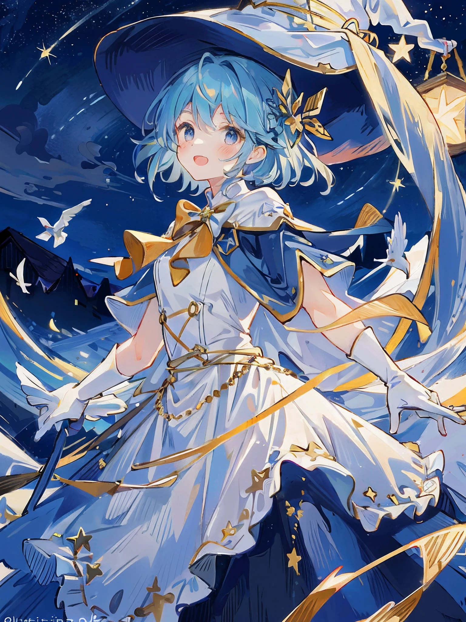 ((masterpiece:1.2, best quality)), 1girl, solo, (witch hat), a close up of a girl with short blue hair, short hair, dress, aurora, night, star (sky), gloves, sky, white dress, night sky, open mouth, starry sky, light blue eyes, ribbon, very shorthair, red dress, smile, hair ribbon, cape, blue hair, (bird), magic, casting spell, dark clouds, night, (impressionism:1.4), alphonse mucha,