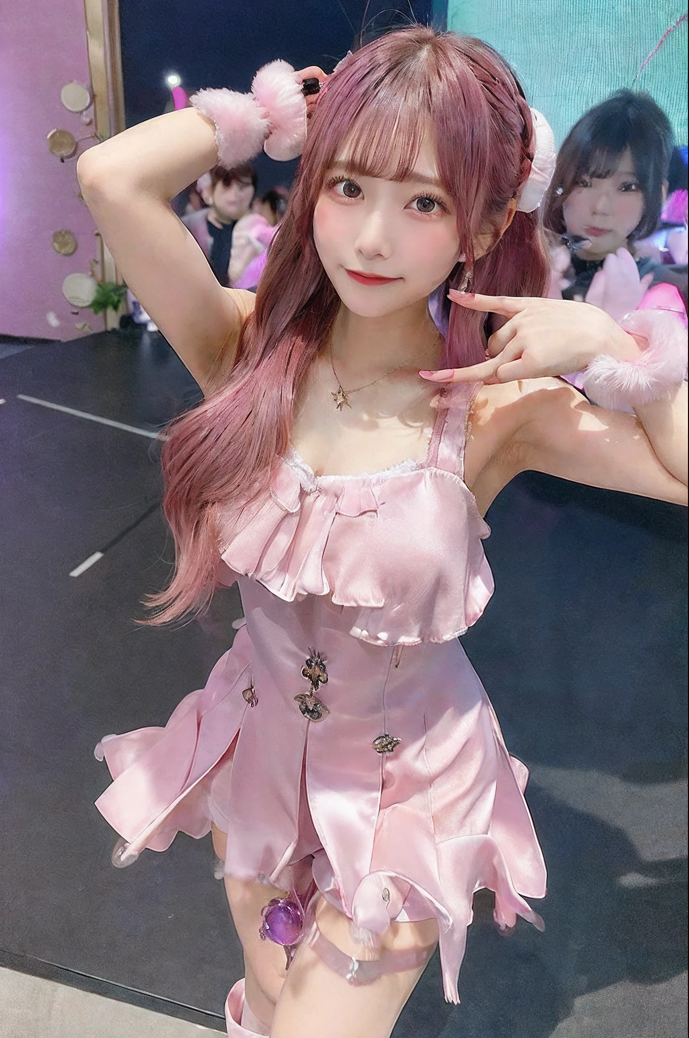 ​masterpiece, top-quality, hight resolution, HO1, A pink-haired, length hair, gloves, stele(Symbols), a necklace, 耳Nipple Ring, Star Hair Ornament, Pink Satin Dress, cowboy  shot, is standing, stage, Have a microphone, open open mouth, a smile,huge tit