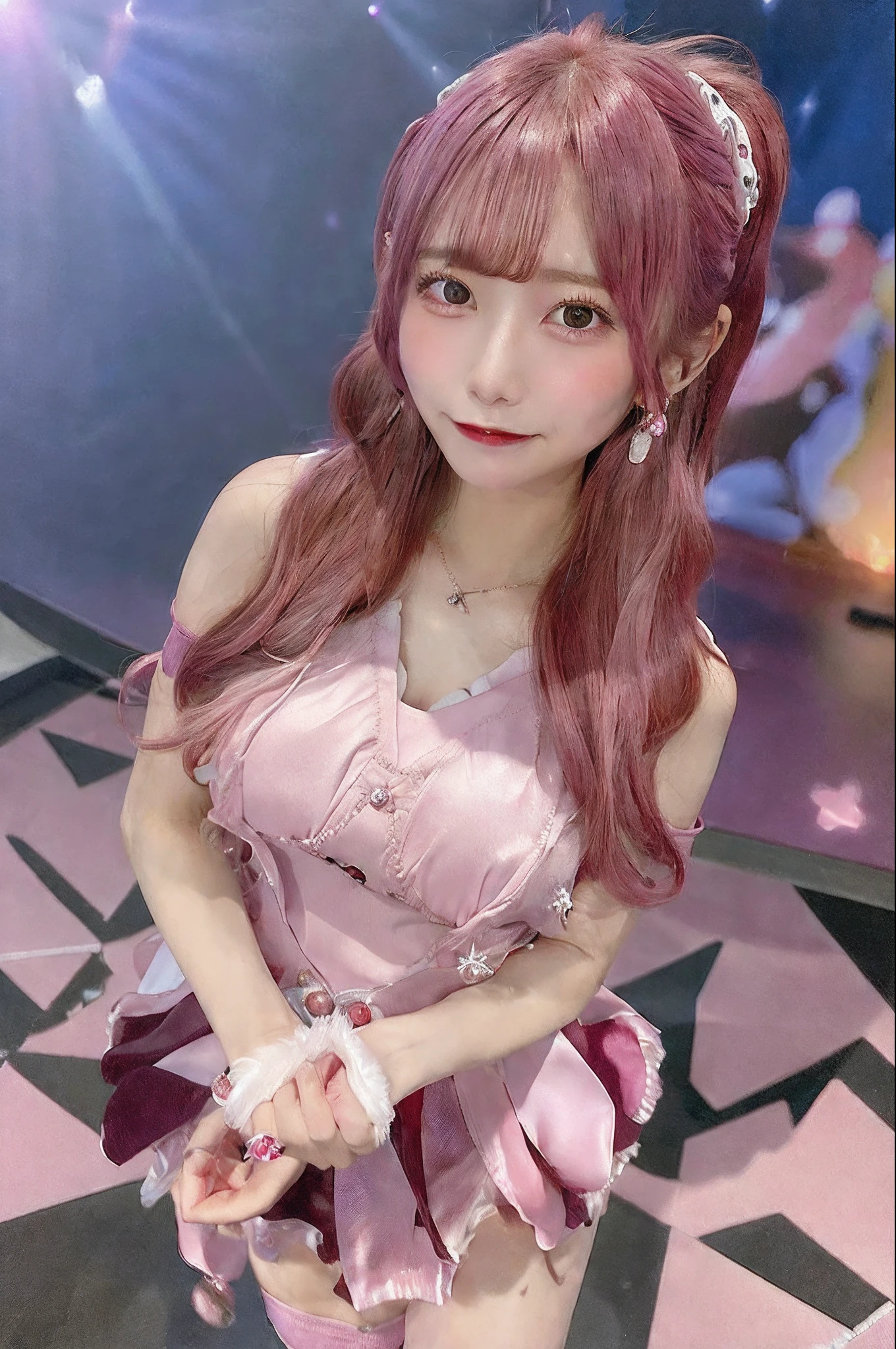 ​masterpiece, top-quality, hight resolution, HO1, A pink-haired, length hair, gloves, stele(Symbols), a necklace, 耳Nipple Ring, Star Hair Ornament, Pink Satin Dress, cowboy  shot, is standing, stage, Have a microphone, open open mouth, a smile,huge tit