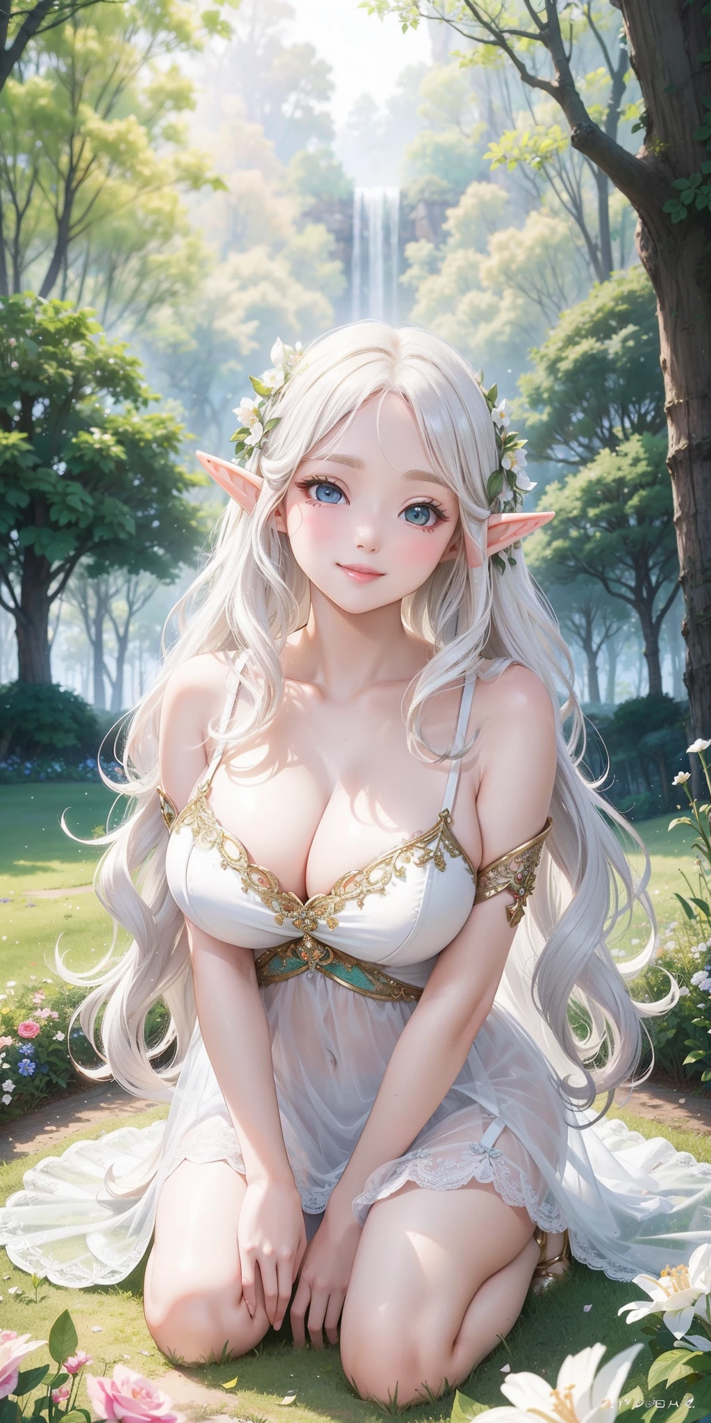 big breasts ((beautiful elf)), ((white wavy hair)), big and transparent tulle, sexy and seductive, great beauty, delicate and beautiful face, full body portrait, big eyes, absolutely beautiful face, cute smile, kneeling before the nature of life, nature, flowers and trees