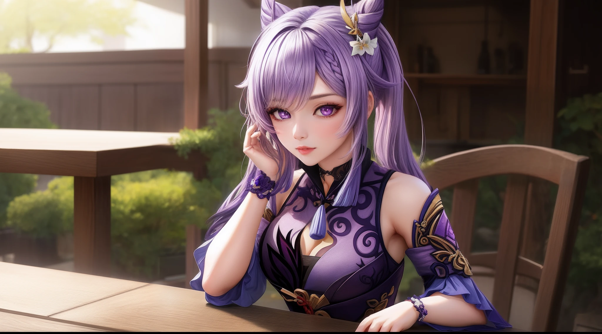 adult woman, (keqing genshin impact), focused upper body, realistic, (light urple hair), purple pupils, sitting pose, leaning on table,