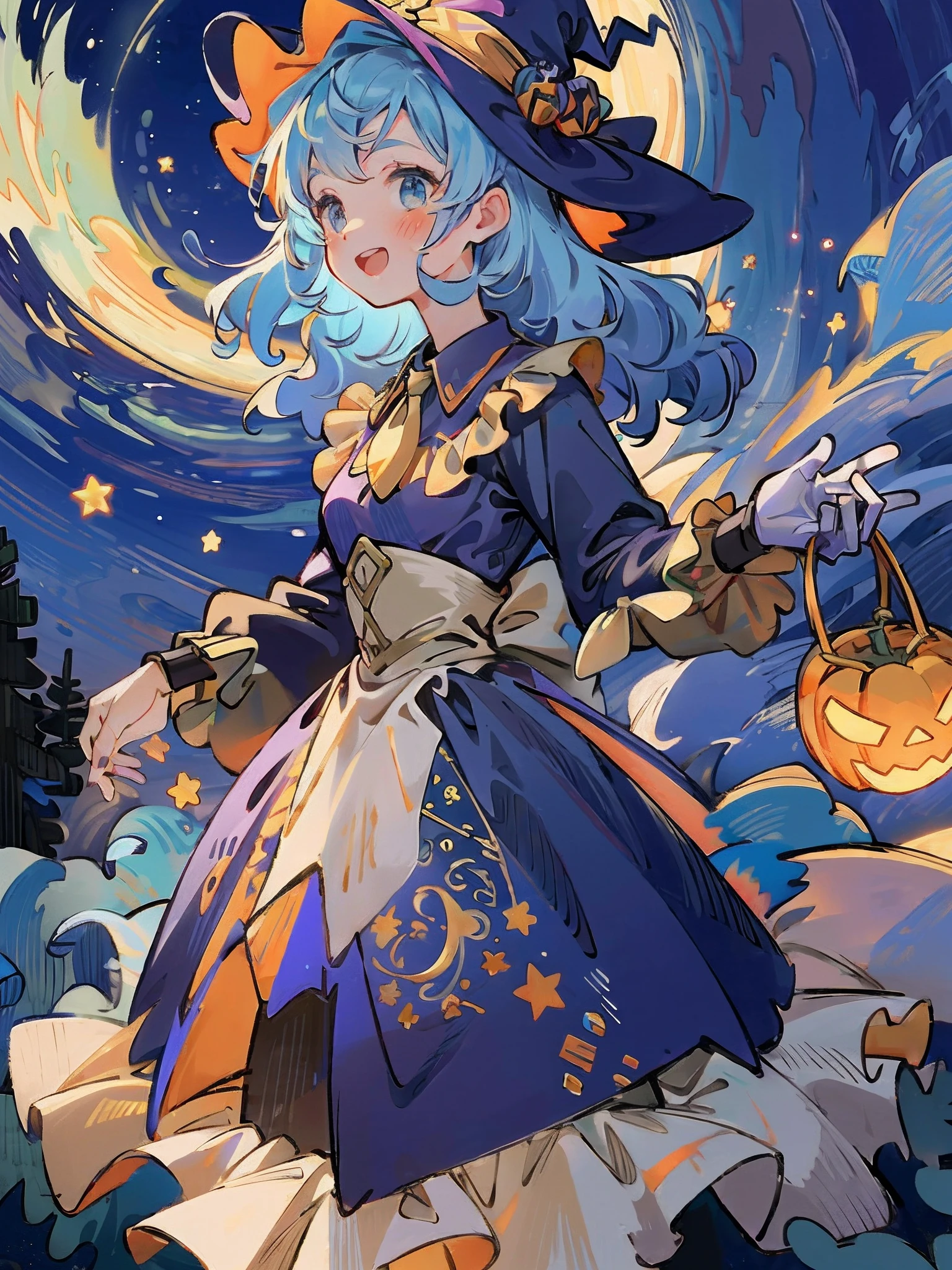 ((masterpiece:1.2, best quality)), 1girl, solo, (witch hat), a close up of a girl with curly hair, dress, aurora, night, star (sky), gloves, sky, dress, night sky, open mouth, starry sky, light blue eyes, ribbons, smile, cape, blue hair, magic, casting spell, night, (impressionism:1.4), alphonse mucha, Halloween colors, colorful candy