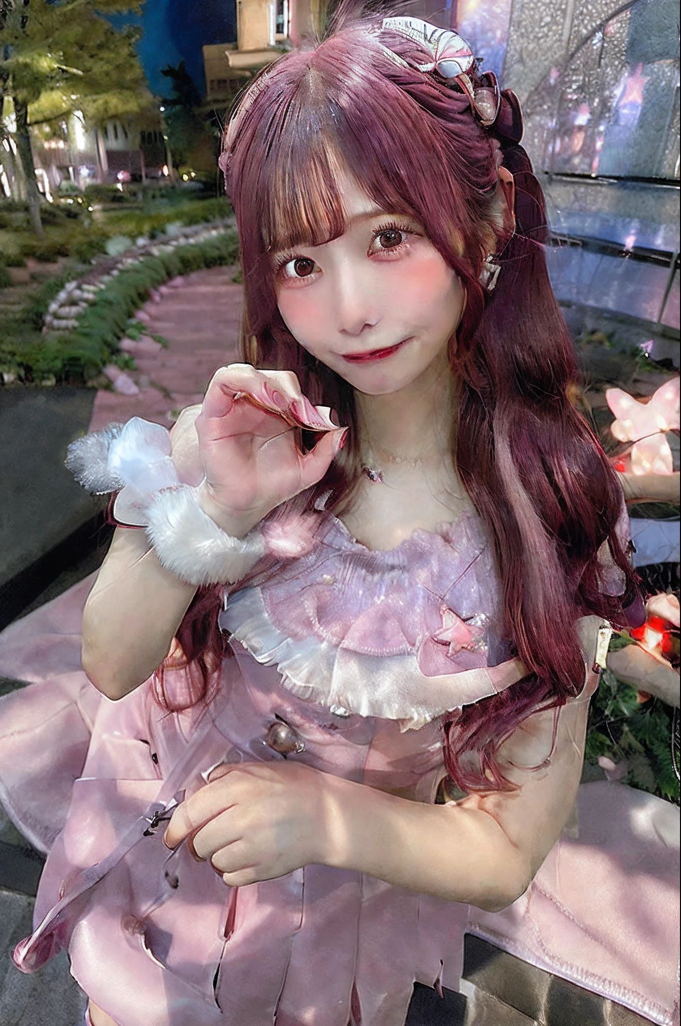 masterpiece, top-quality, hight resolution, HO1, A pink-haired, length hair, gloves, stele(Symbols), a necklace, 耳Nipple Ring, Star hair ornament, Pink Satin Dress, cowboy shot, is standing, stage, holding the mic, open open mouth, A smile,Colossal tits