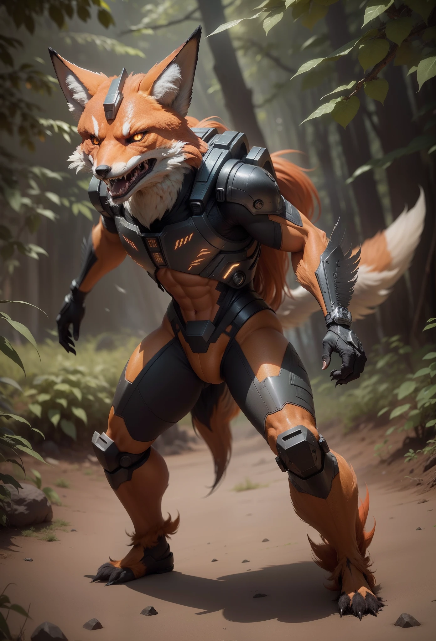 Sci fi humanoid creature with the feathers of a fox and mutant traits similar to rocket teeth, serious angry face, expressive real photography, natural light, photorealism, cinematic rendering, ray tracing, the highest quality, the highest detail, Cinematic, Third-Person View, Blur Effect, Long Exposure, 8K, Ultra-HD, Natural Lighting, Moody Lighting, Cinematic Lighting