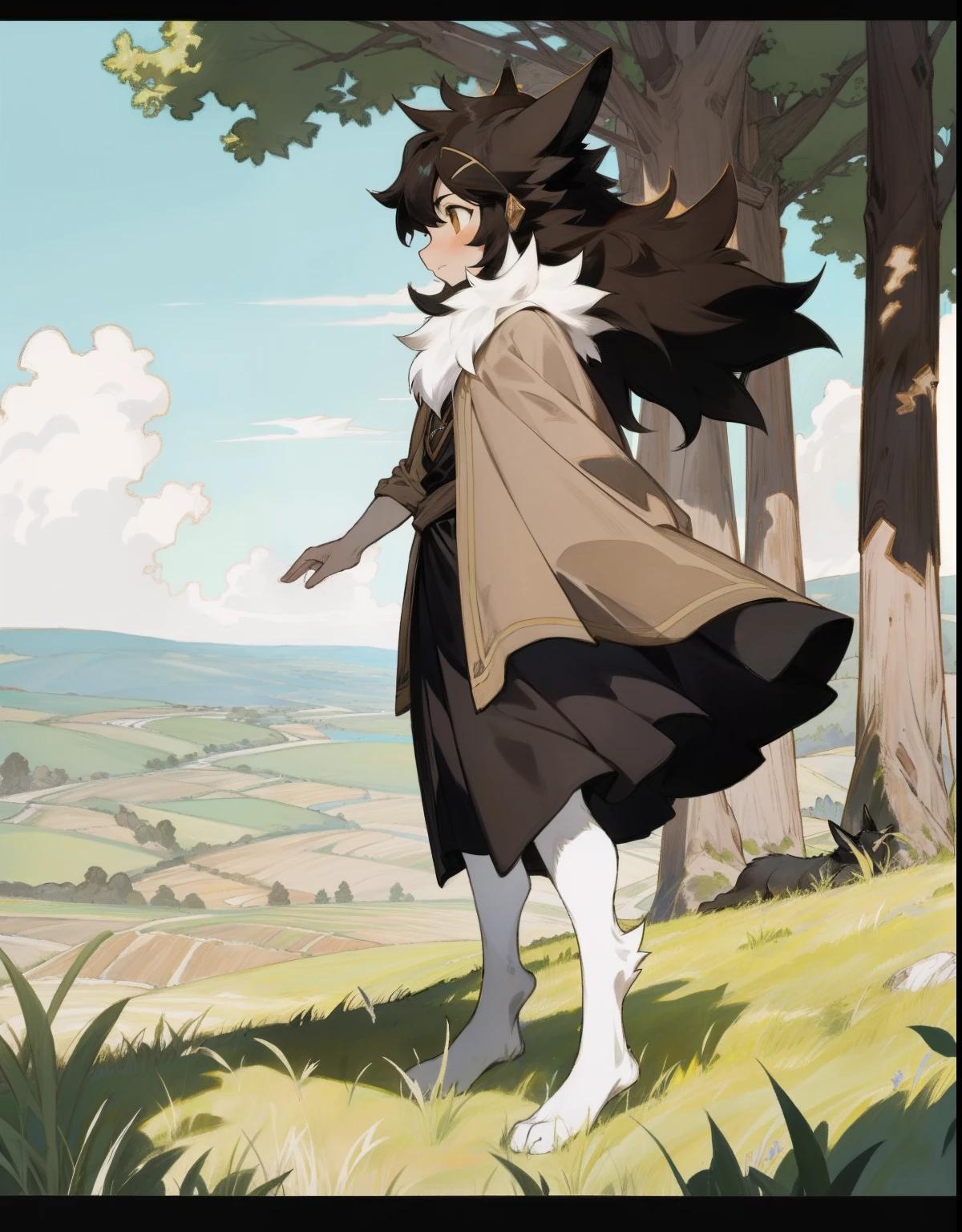 Border Collie， with brown eye， Shiny fur， lustrous Some hair， Black and white fur， standing on your feet， grassy fields， Winding Road， ventania，Cloak， the trees， mont， hilly， ln the forest， scenecy