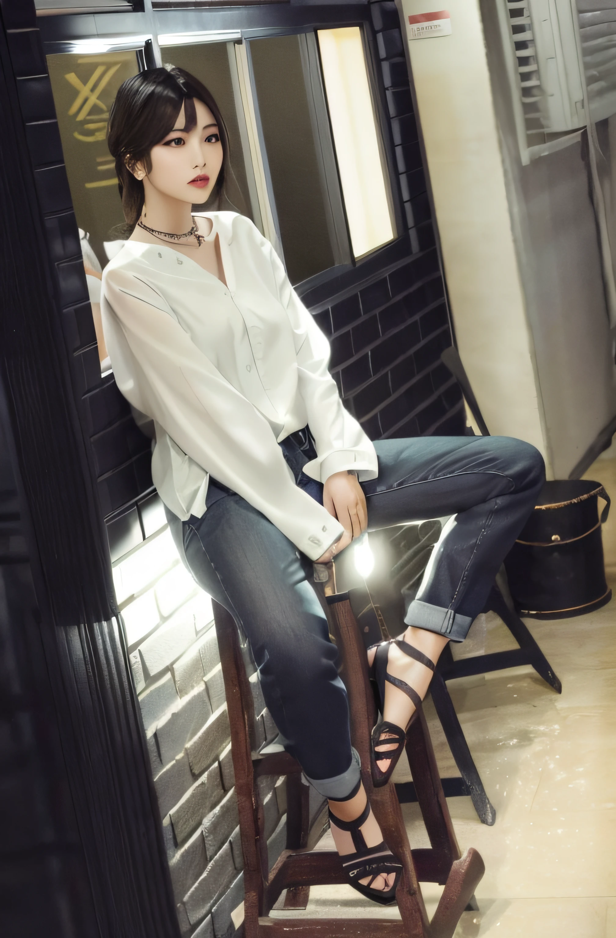 there is a woman sitting on a stool with a lamp on, korean women's fashion model, white shirt and jeans, wearing elegant casual clothes, photoshoot, wearing a white blouse, white blouse and gothic boots, loose - fitting blouses, modern casual clothing, with white, detailed image, casual clothing style, elegant girl in urban outfit, white trendy clothes, with black
