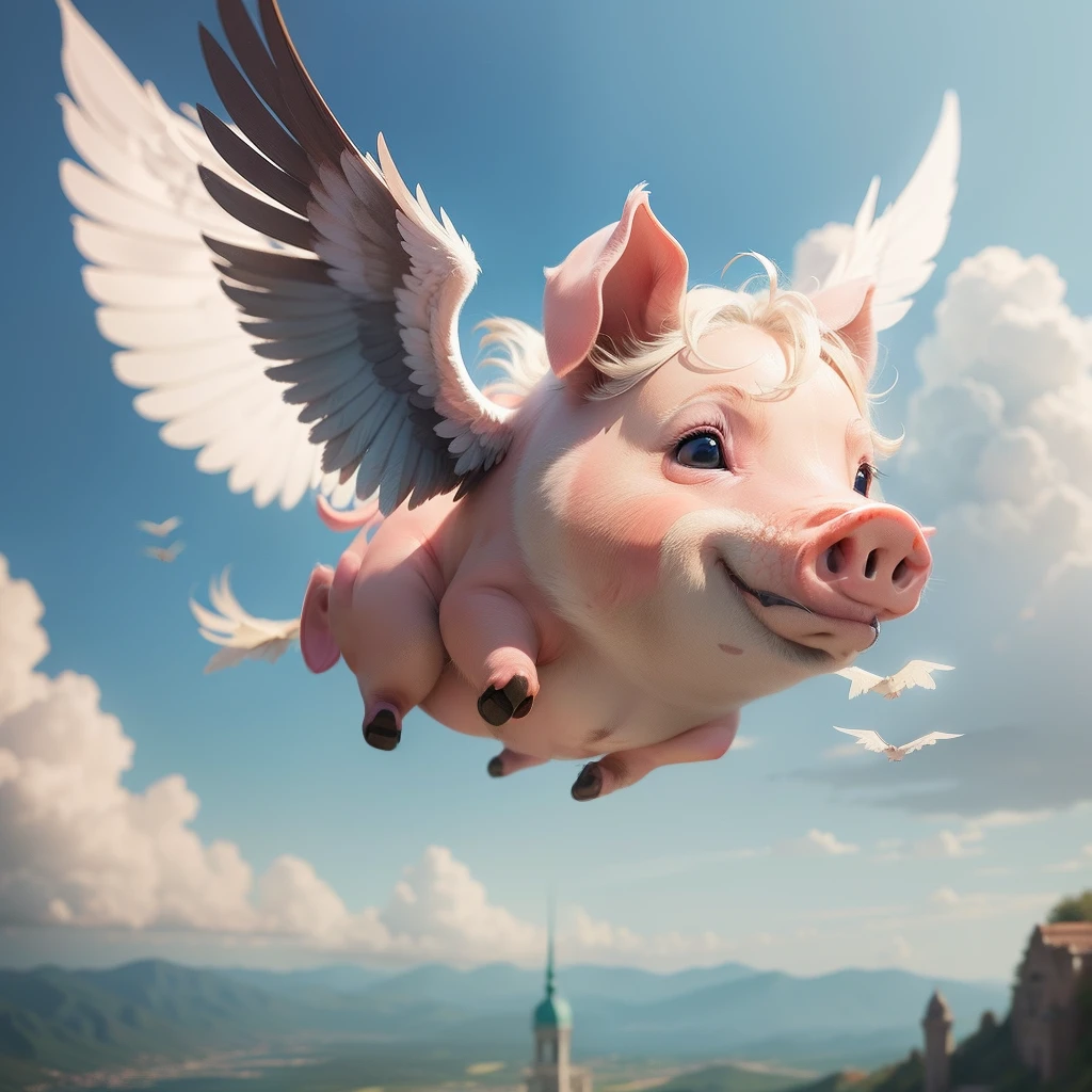 A pig with wings,Fly in the air