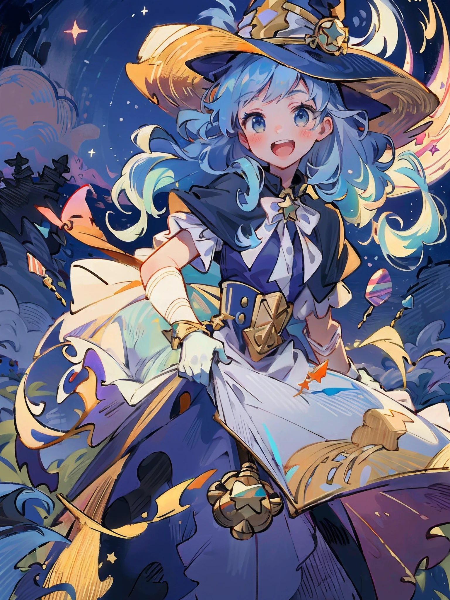 ((masterpiece:1.2, best quality)), 1girl, solo, (witch hat), a close up of a girl with curly hair, dress, aurora, night, star (sky), gloves, sky, dress, night sky, open mouth, starry sky, light blue eyes, ribbons, smile, cape, blue hair, magic, casting spell, night, (impressionism:1.4), alphonse mucha, Halloween colors, colorful candy