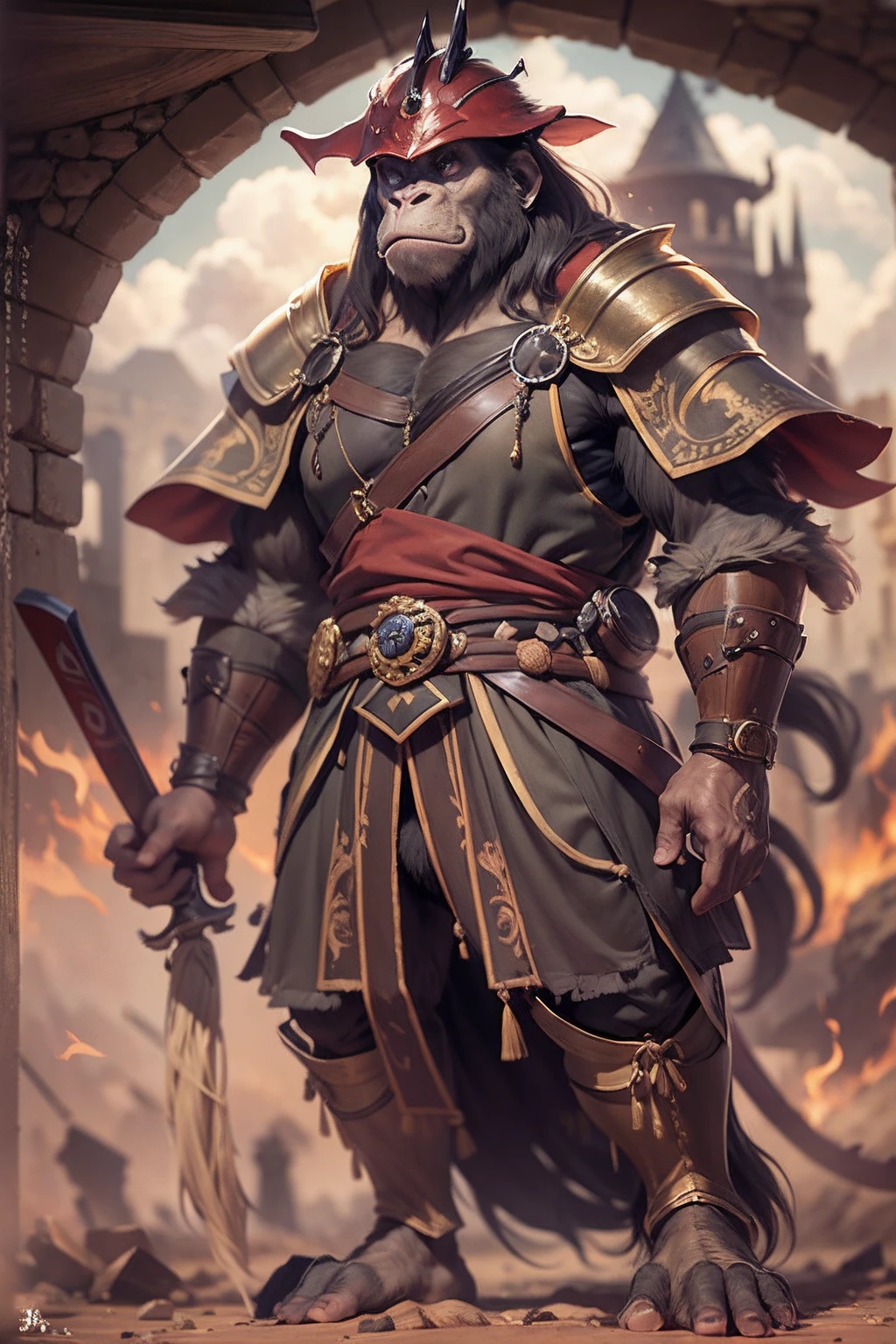 （anthropomorphic turtle），（Ape warrior：1.4），coda，a tall body，Stout limbs，disdain，ran，tosen，The long hairs of the flame fluttered in the wind，combats，Dynamic lines，Dimly lit battlefield，Ruined castle，（stereoscopic perspective：1.4），Works of masters，super-fine，4K分辨率，high qulity，电影灯光，High picture detail，Detailed pubic hair，Epic shooting，Clearly focused hair，Detailed hair depiction，acurate