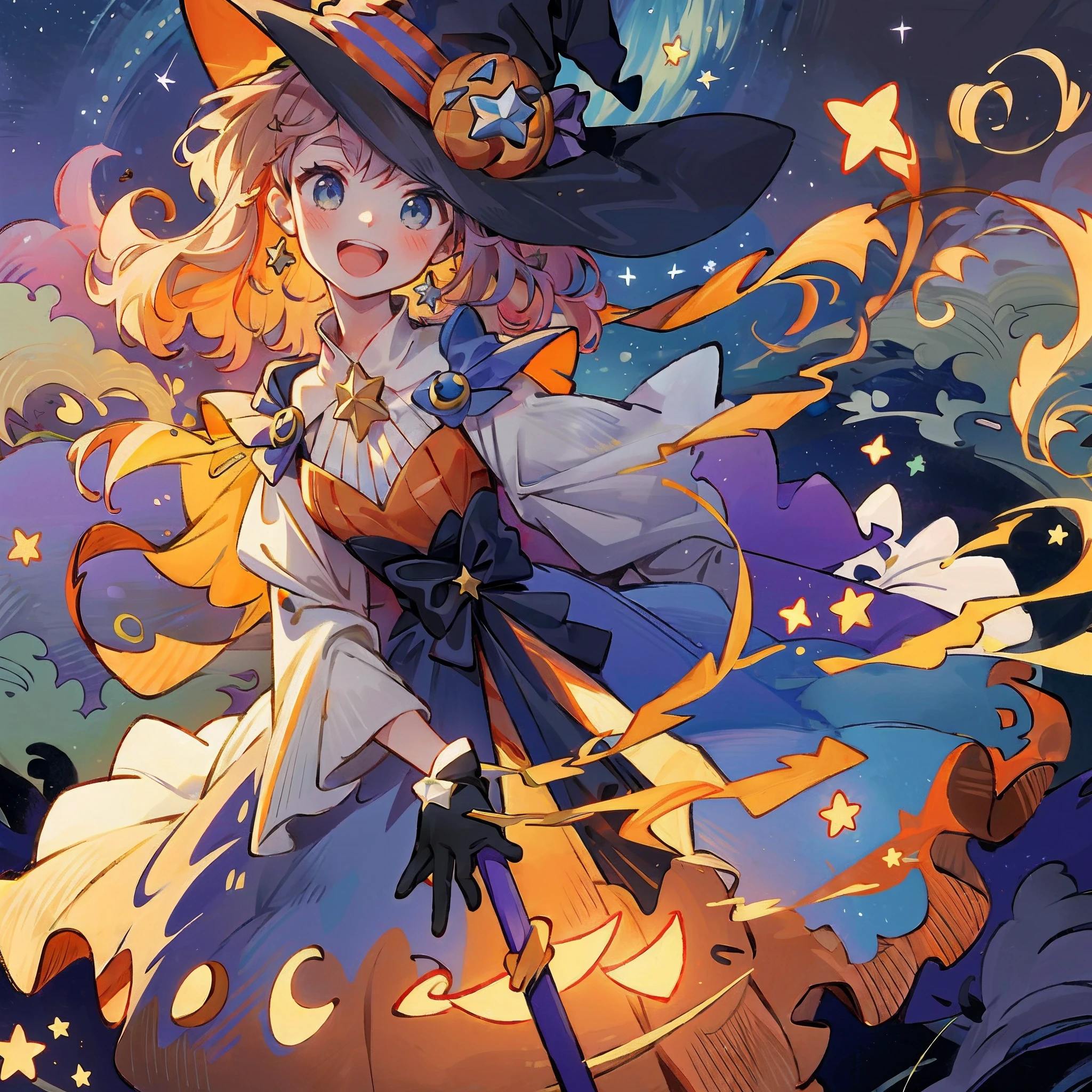 ((masterpiece:1.2, best quality)), 1girl, solo, (witch hat), a close up of a girl with curly hair, dress, aurora, night, star (sky), gloves, sky, dress, night sky, open mouth, starry sky, light blue eyes, ribbons, smile, cape, colorful hair, magic, casting spell, night, (impressionism:1.4), alphonse mucha, Halloween colors, colorful candy, magical lights, pumpkins, candies
