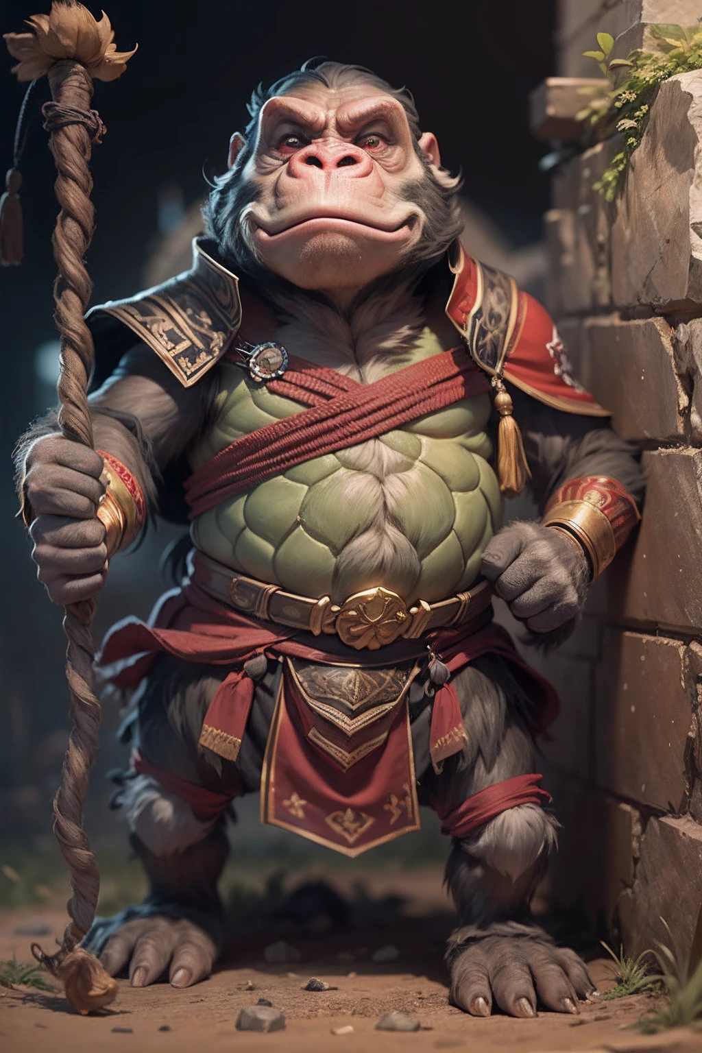 Zhu Bajie, an anthropomorphic pig, the marshal of the canopy in Chinese mythology, a close-up of a cartoon pig with a big belly, an anthropomorphic warrior anthropomorphic pig, wearing a fairy costume, holding a nine-toothed nail rake, anthropomorphic pig's head, clothing Chinese traditional cultural clothing, normal hands, normal feet, master works, ultra-clear picture quality