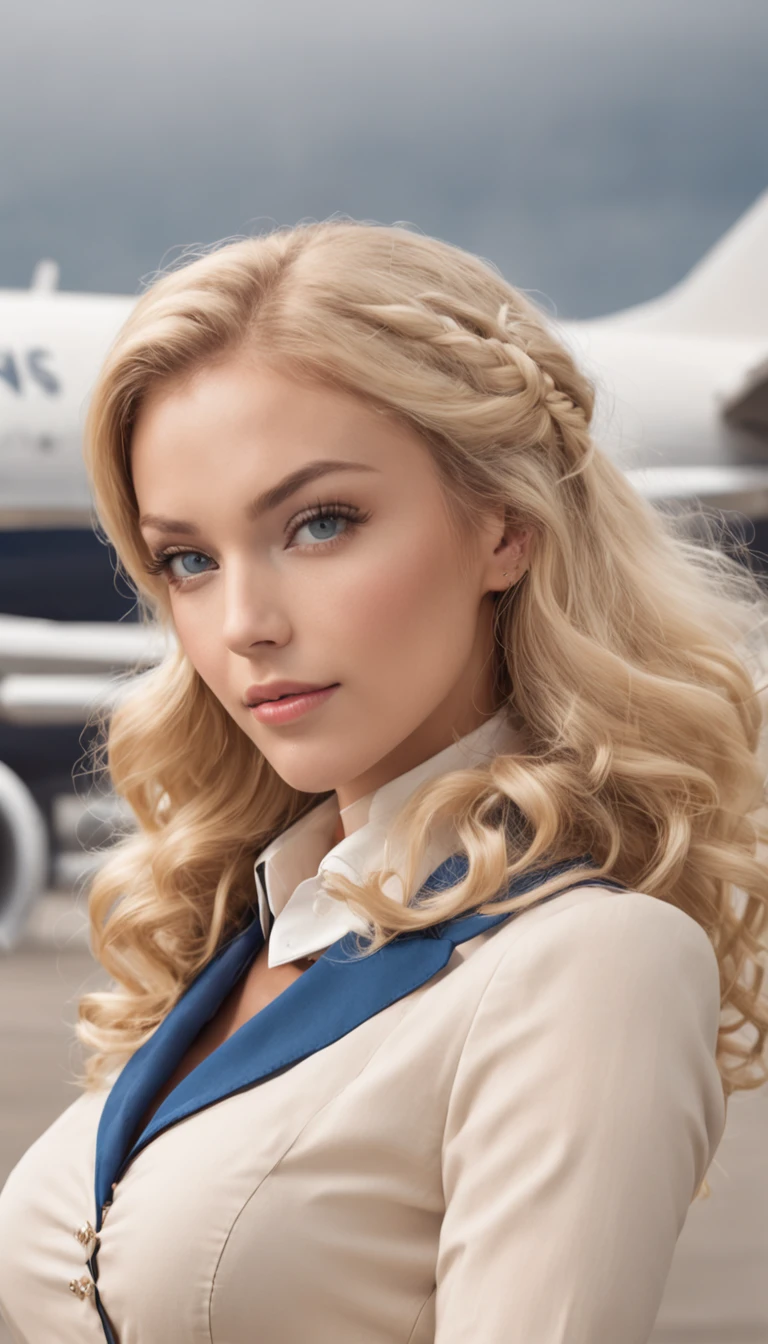 A beautiful blonde woman,curlies, Blue eyes, Tanned skin, Wearing a flight attendant costume, in an airplane, full bodyesbian