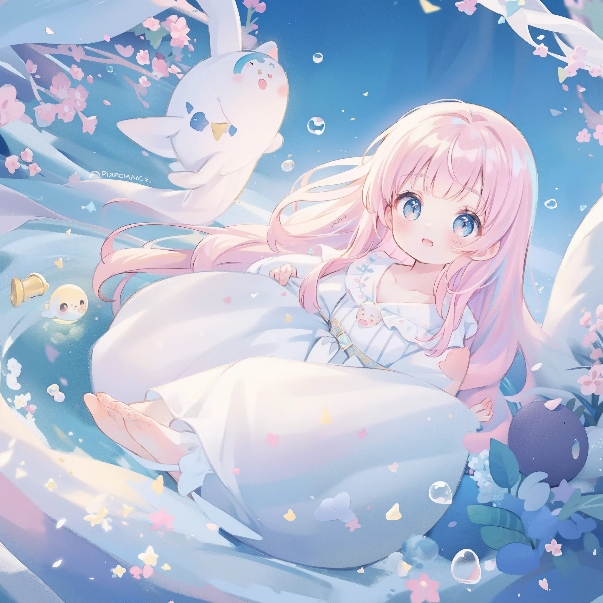 masterpiece, best quality, 8k resolution, sharp focus, intricate detail, beautiful girl, sparkling eyes, golden ratio face, otherworldly liquid, watercolor, pastel colors, bright colors, whimsical, colorful, sharp focus, high resolution, fine detail, princess fantasy flowing ballgown, ((round eyes)), iridescent bubbles, castle landscape in background