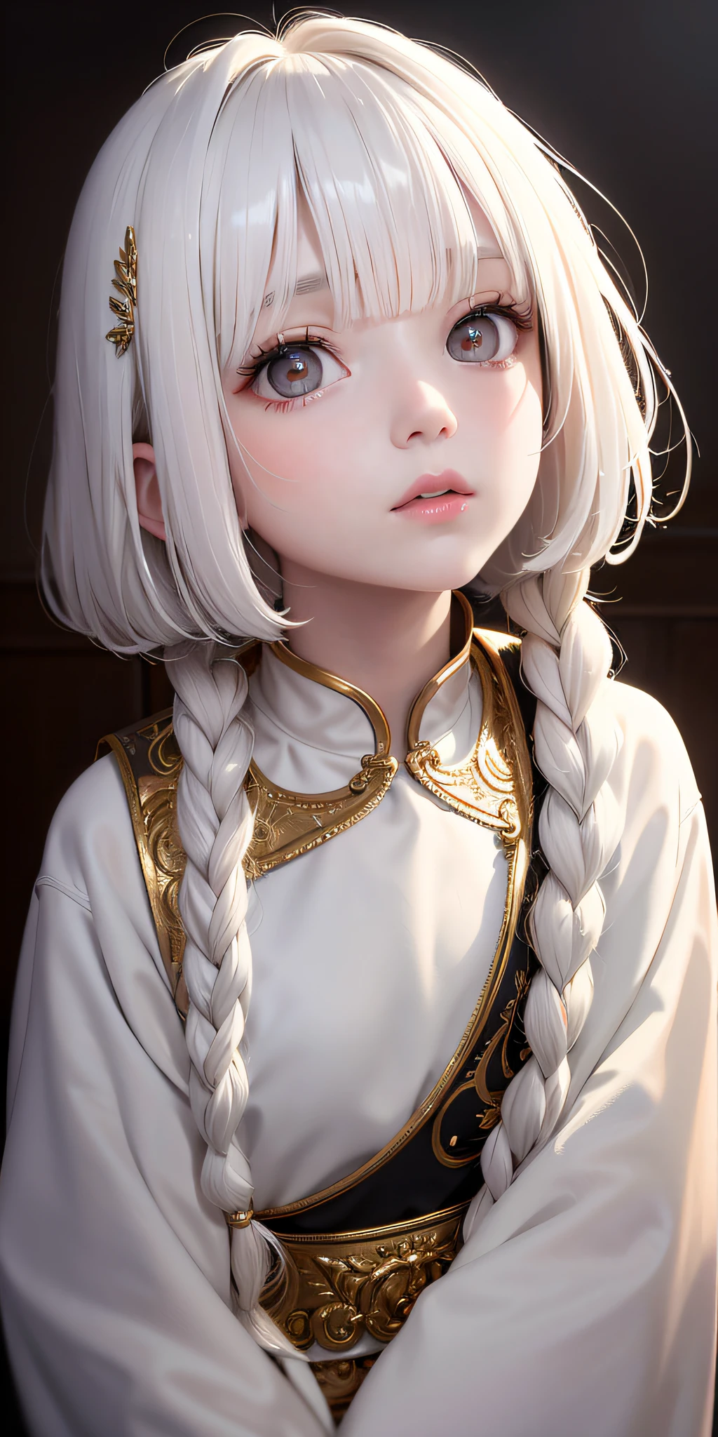 best quality, masterpiece,white hair, gold eyes,white clothes, looking up, upper body,hair strand,Fair skin,side braids