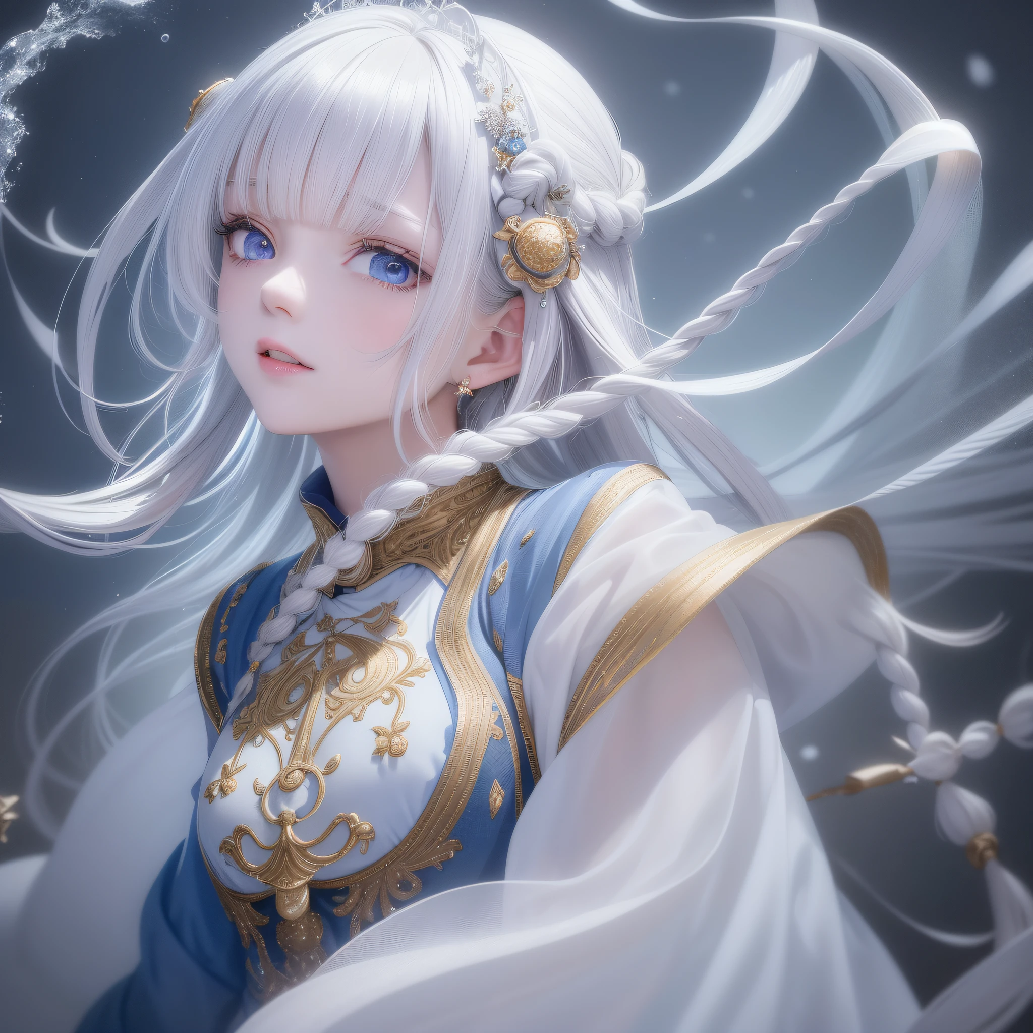 The ultimate masterpiece，Perfect image quality，Gray hair pure blue，Golden eyes twinkle，White clothes flowing，Looking Up The Sky，Upper body or whole body display，Hair flutters like a waterfall，The skin is as fair as snow，The side braid swings gracefully。