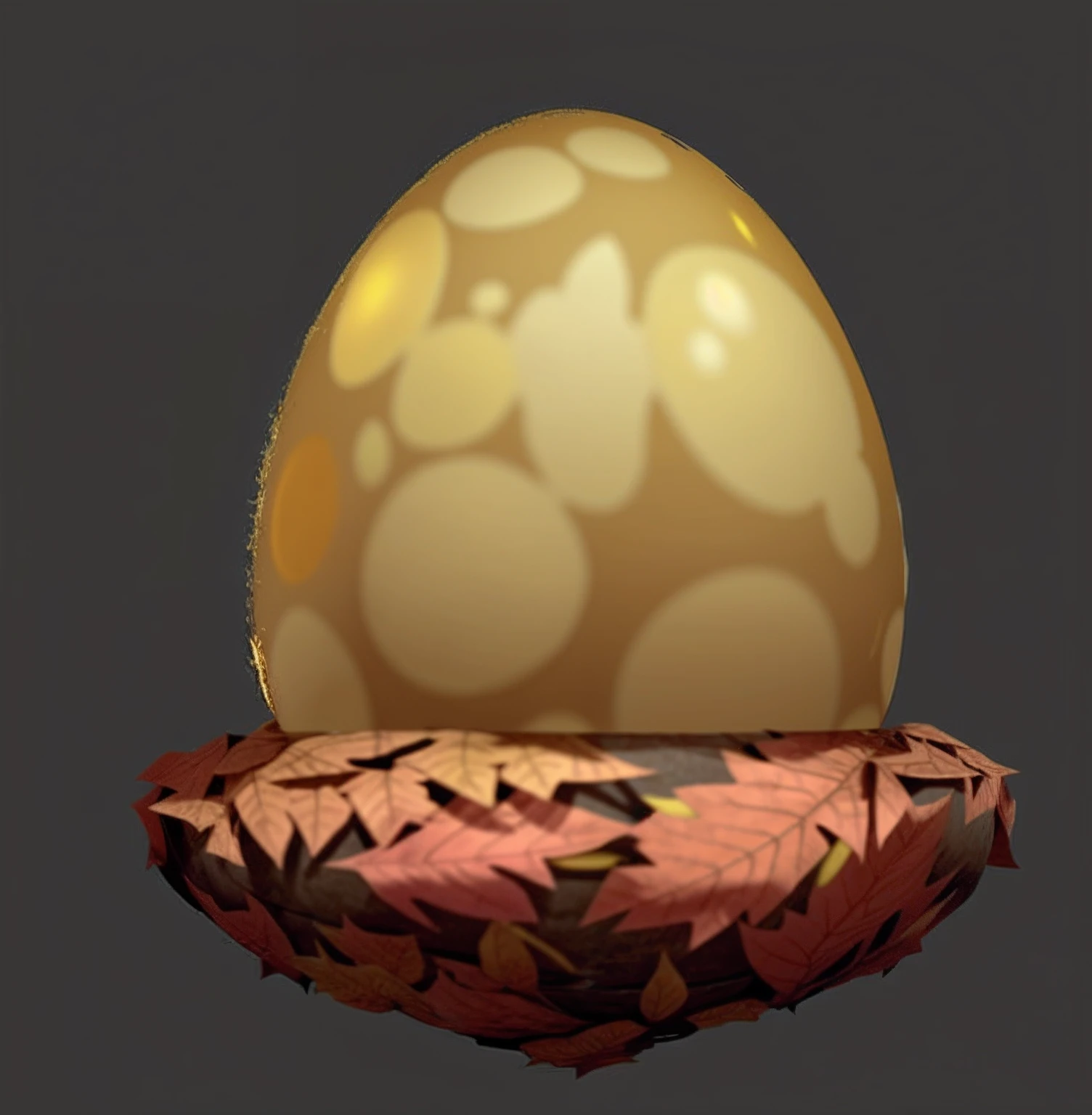 Close up of yellow egg on dead leaves on gray background, Dragon eggs, ornate egg, an egg, Egg, Eggs, head is an egg, newly hatched dragon,, hatching, he has a big egg, arte renderizada, egg yolk, detailed hatching, elder, Renders, Half realistic, Realistic Shading