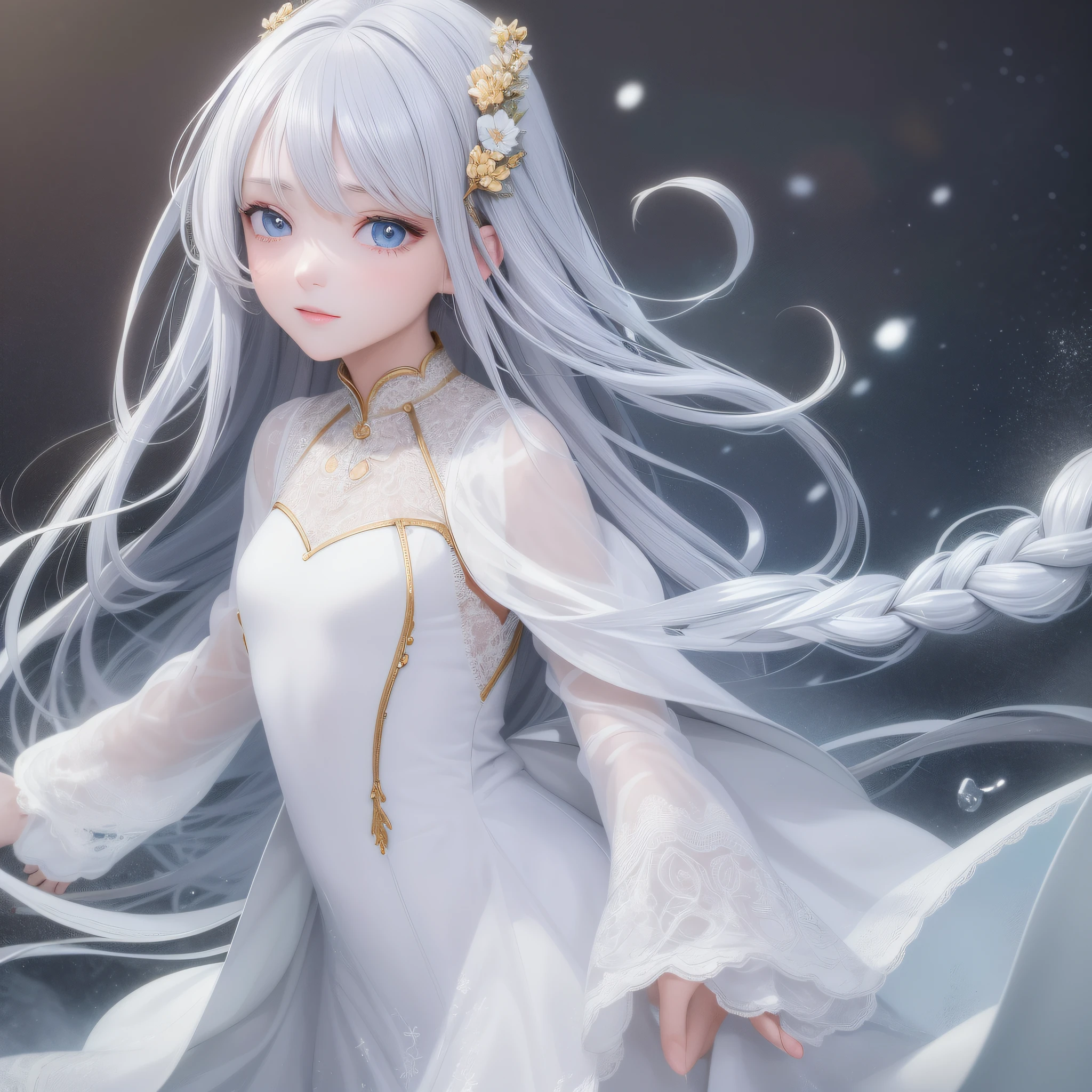 A woman with long white hair and a white dress is standing in the snow ...
