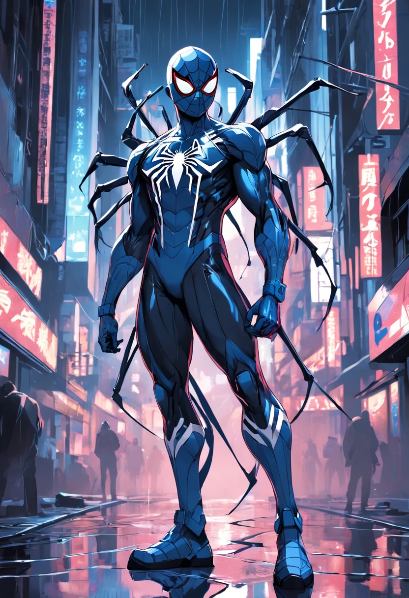 masterpiece, best quality, Spider-Man из Marvel Comics, full body armor, solo, blue and white, midnight, dark, neon street, cityscape, cyberpunk, vector illustration, heavy rain