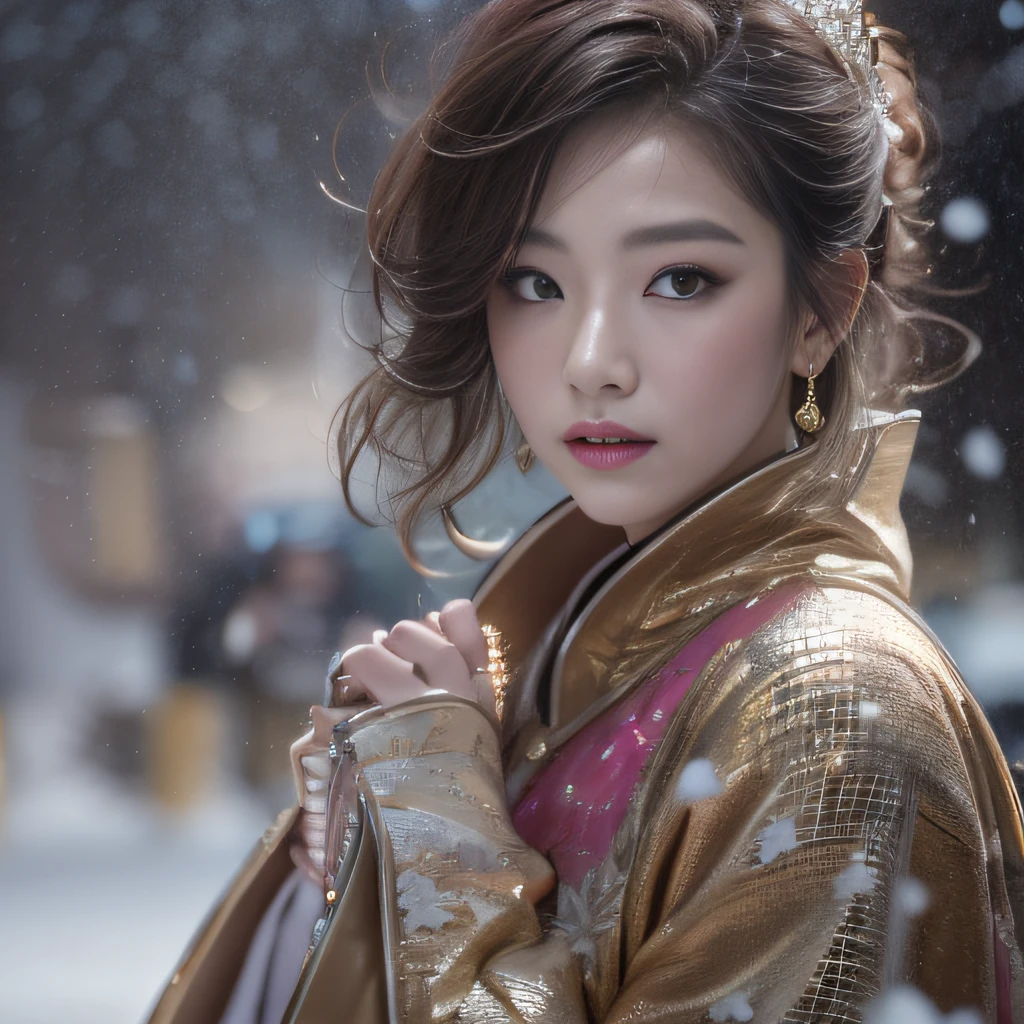 32K(tmasterpiece,k hd,hyper HD,16k)short detailed hair,Vintage train in the back room,Snow Circle Forbidden Land,The nostrils look at people (realisticlying:1.4),Python robe,Purple-pink tiara,Snowflakes fluttering,The background is pure, A high resolution, the detail, RAW photogr, Sharp Re, Nikon D850 Film Stock Photo by Jefferies Lee 4 Kodak Portra 400 Camera F1.6 shots, Rich colors, ultra-realistic vivid textures, Dramatic lighting, Unreal Engine Art Station Trend, cinestir 800,Close-up of the side of the half,There is light in the eyes,Burgundy hair,Rouge light makeup,Thin coating,North China Girl,Urban modern beauty billet