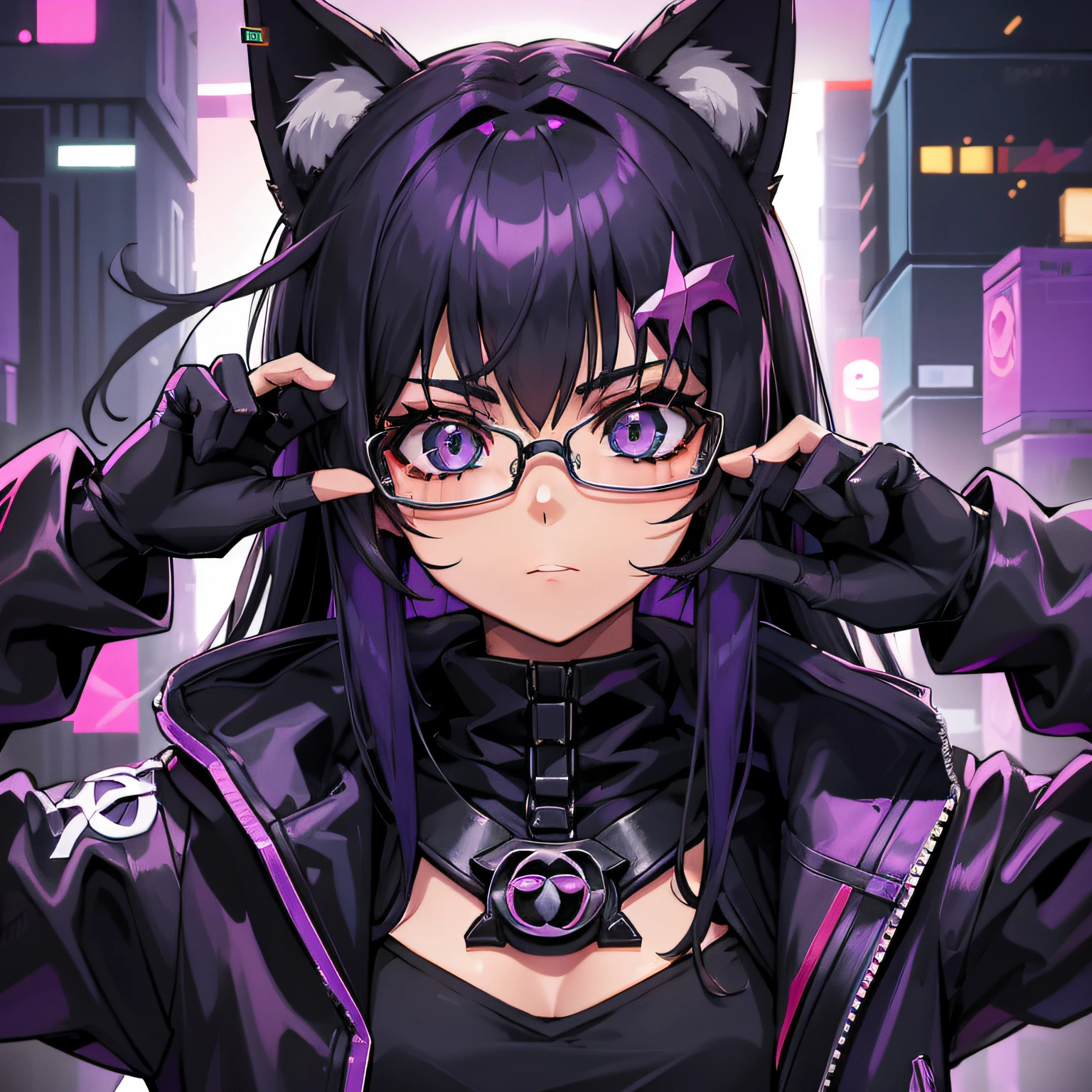 Cyberpunk menina roxo gamer, with glasseswith cat ears, olhos roxos brilhando, Cabelo tamanho medio preto Chanel com pontas roxa