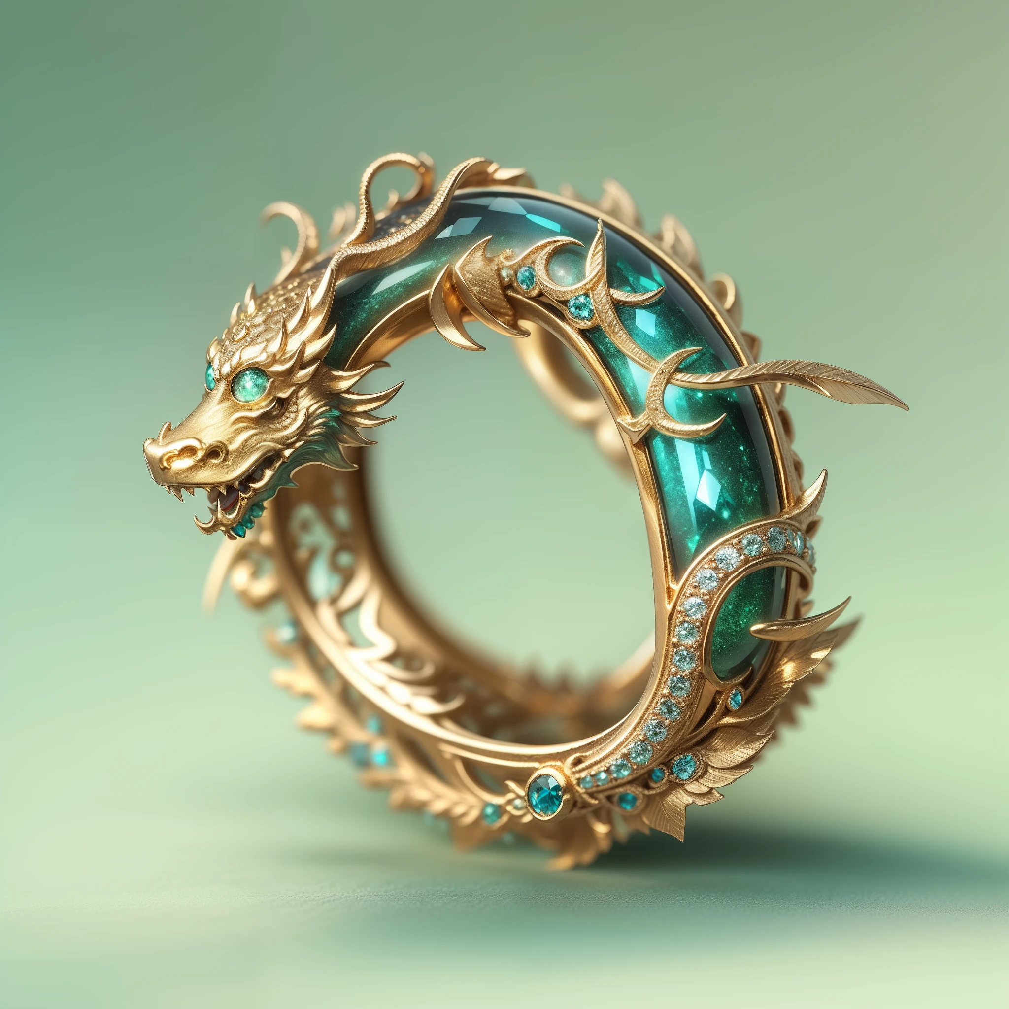 Masterpiece,highest quality,(Nothing but the ring),(No Man),The ring is shaped like a Chinese dragon,Wrapped around the end from beginning to end,Delicate gold ring,Starry sky over the torus,The sheen,inverted image,Sparkling blue-green gemstones,Elegant and noble,simple backgound