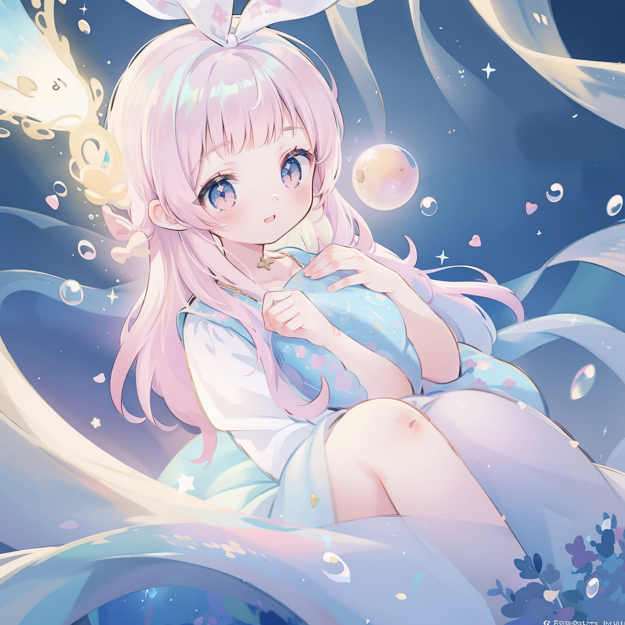 masterpiece, best quality, 8k resolution, sharp focus, intricate detail, beautiful girl, sparkling eyes, golden ratio face, otherworldly liquid, watercolor, pastel colors, bright colors, whimsical, colorful, sharp focus, high resolution, fine detail, princess layered ballgown, ((round eyes)), iridescent bubbles, magical