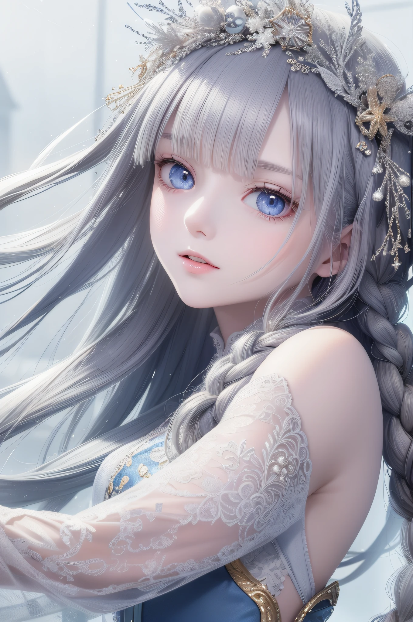 The ultimate masterpiece,Perfect image quality,Gray hair pure blue,Golden eyes twinkle,White clothes flowing,Looking Up The Sky,Upper body or whole body display,Hair flutters like a waterfall,The skin is as fair as snow,The side braid swings gracefully。