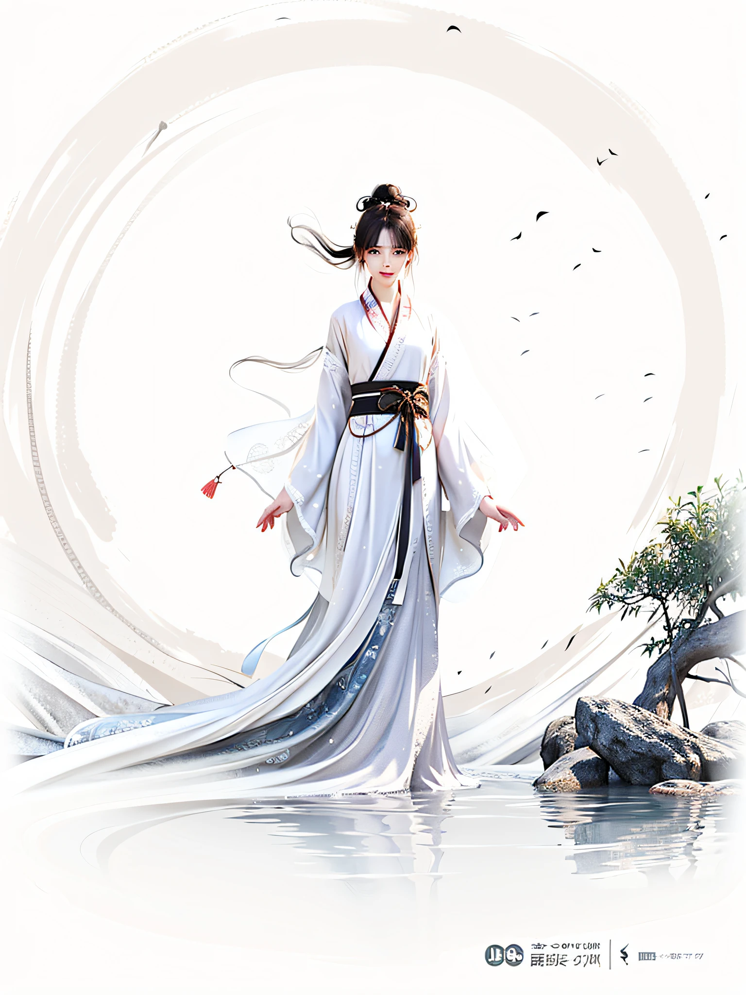 Painting a woman in a white dress standing in the water, White Hanfu, Palace ， A girl in Hanfu, flowing white robe,Clear facial expressions, Beautiful character painting, flowing hair and long robes, Chinese painting style, wearing a long flowing robe, Hanfu, Wearing ancient Chinese clothes, by Yang J, wearing a long flowing robe, flowing magical robe, A beautiful artwork illustration